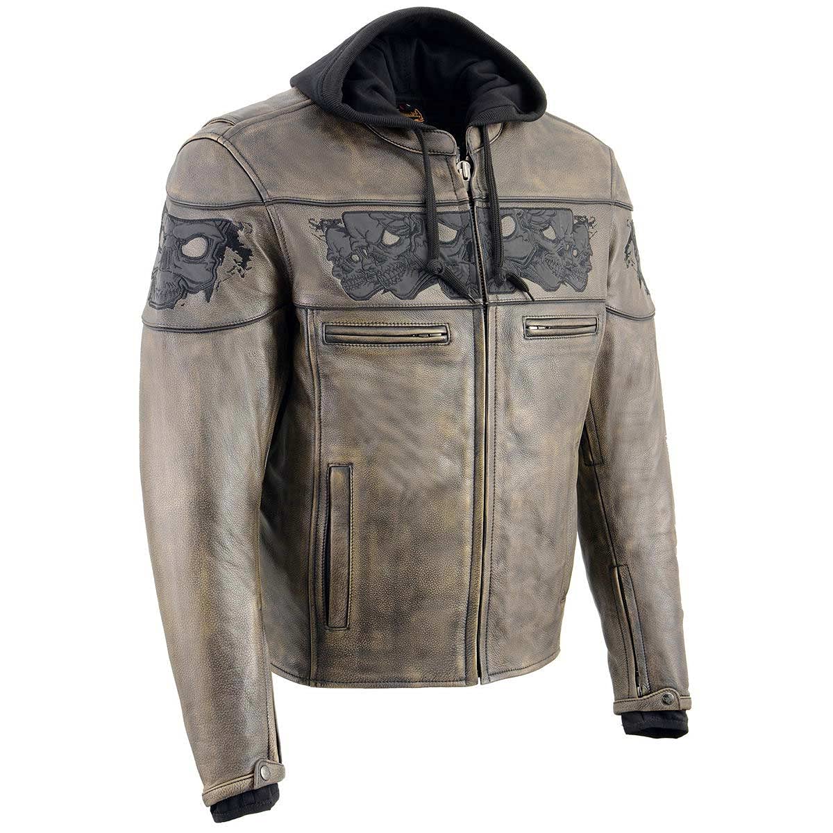 Milwaukee Leather MLM1561 Men's Distressed Brown Leather Jacket with Reflective Skulls - Vintage Biker Style for Motorcycle Riders & Outdoor Enthusiasts