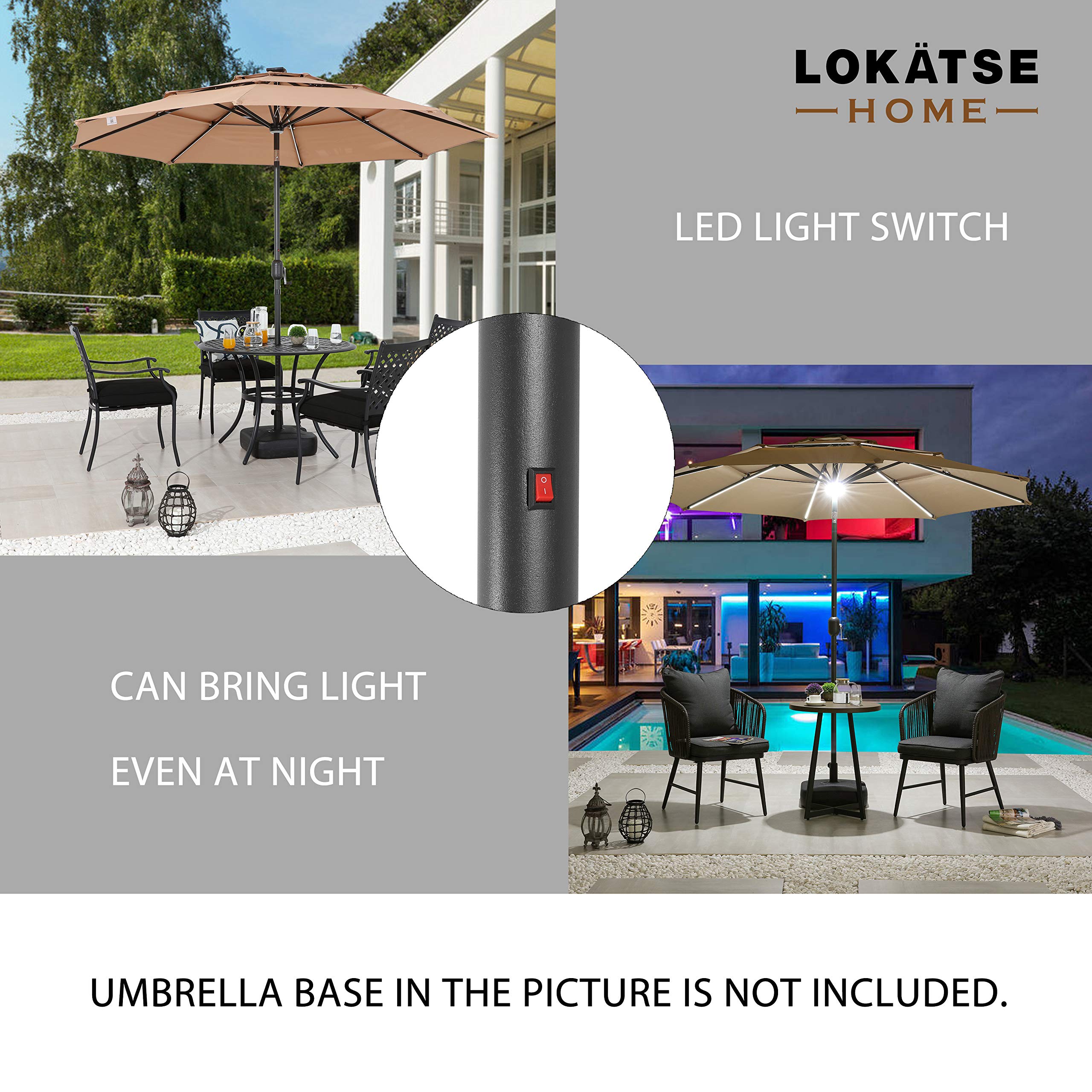 LOKATSE HOME 9.5 Foot Solar Powered LED Patio Umbrella with 3-Tier Design - Adjustable Tilt, 8 Aluminum Ribs, Crank Handle & Sturdy Metal Pole for Outdoor Garden, Deck, Poolside & Farmers Market (Khaki) | Perfect for Backyard BBQs, Beach Lounging & Outdoor Dining