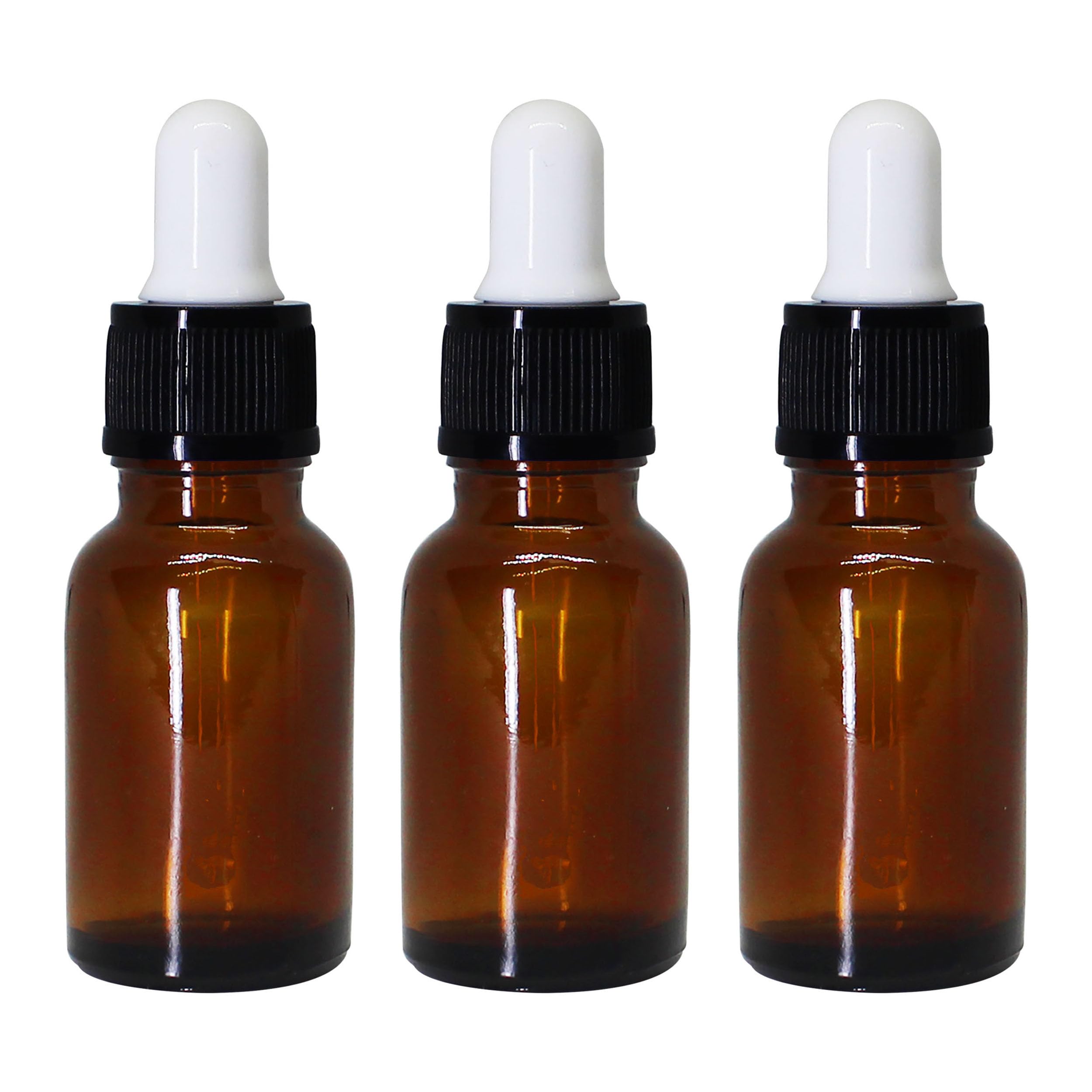 NSB Herbals 15ml Amber Round Empty Glass Bottle with Glass Dropper, Black Ring & White Silicone Teat - Leak Proof, Refillable for Essential Oils, DIY Perfumes, Aromatherapy (Pack of 3) - Perfect for Travel, Home Use & Gift Packaging