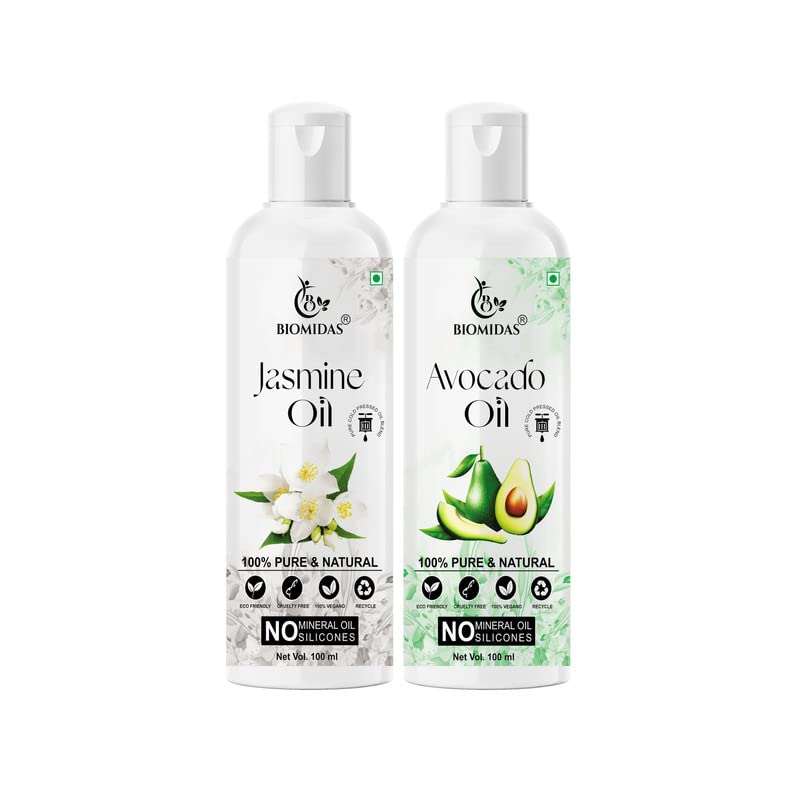 Biomidas 100% Pure Jasmine Oil & Avocado Oil Combo (100ML Each) - Promotes Rapid Hair Growth, Reduces Hair Fall & Split Ends for Softer, Shinier Hair - Perfect for Daily Hair Care & Scalp Massage (Pack of 2)