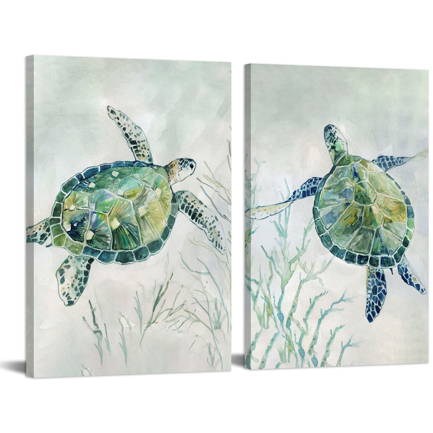 Watercolor Turtle Canvas Wall Art - 24x36 Inch x2Pcs Framed Sea Animal Prints, Modern Home Decor for Living Room, Bedroom & Office | Ready to Hang Oil Painting Style Wall Decor | Perfect for Coastal, Nautical or Nature-Themed Interiors