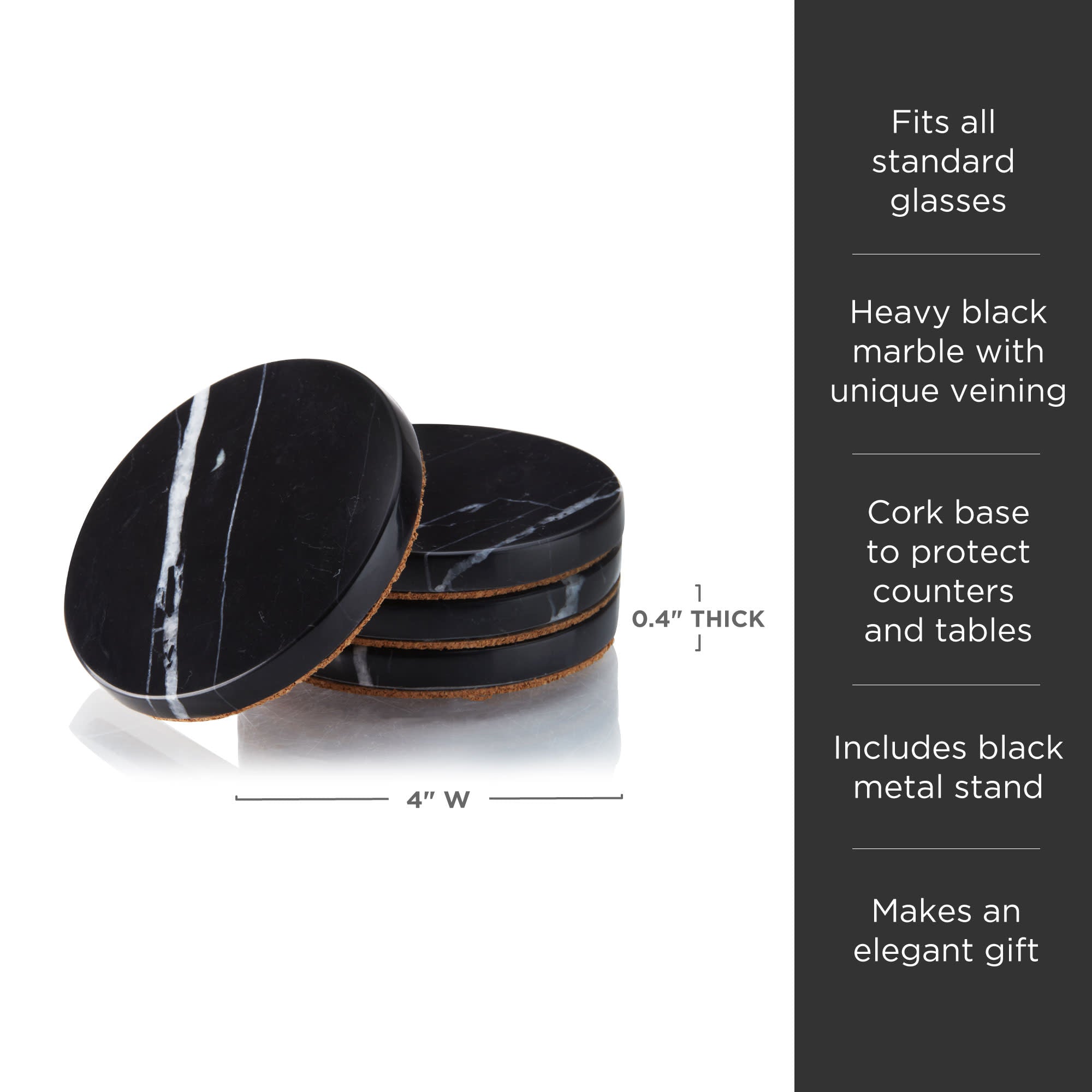 Premium Black Marble Coaster Set of 4 - Elegant Drink Coasters for Coffee Tables, Bars & Home Decor - Waterproof & Heat-Resistant Stone Coasters for Drinks, Glasses & Hot Beverages