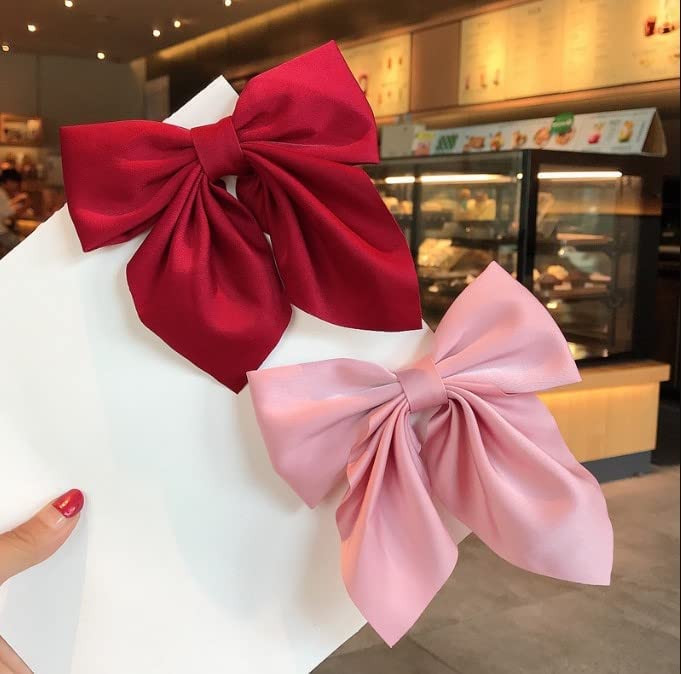 Xcilos Large Satin Hair Bows for Girls & Women - 3 Pack Silk-Style French Bow Hair Clips with Long Tail - Elegant Hair Barrettes & Ribbon Bows for Parties, Weddings & Daily Fashion Accessories (Random Colors)