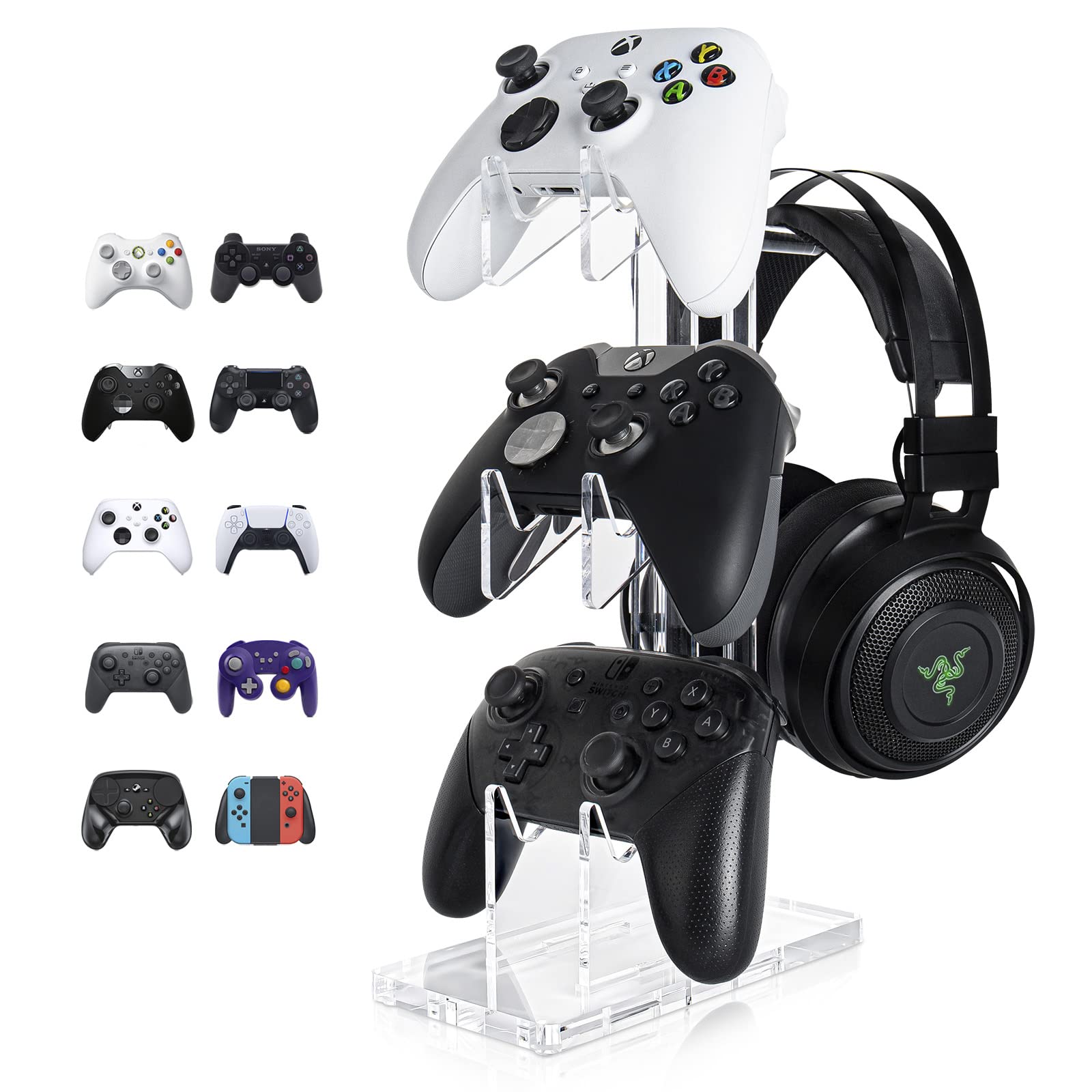 Universal 3-Tier Controller & Headset Stand for XBOX ONE X/SWITCH/PS4/PS5/PC - Multi-Console Gaming Organizer with Clear Design - Perfect for Gaming Setup, Bedroom & Living Room Organization