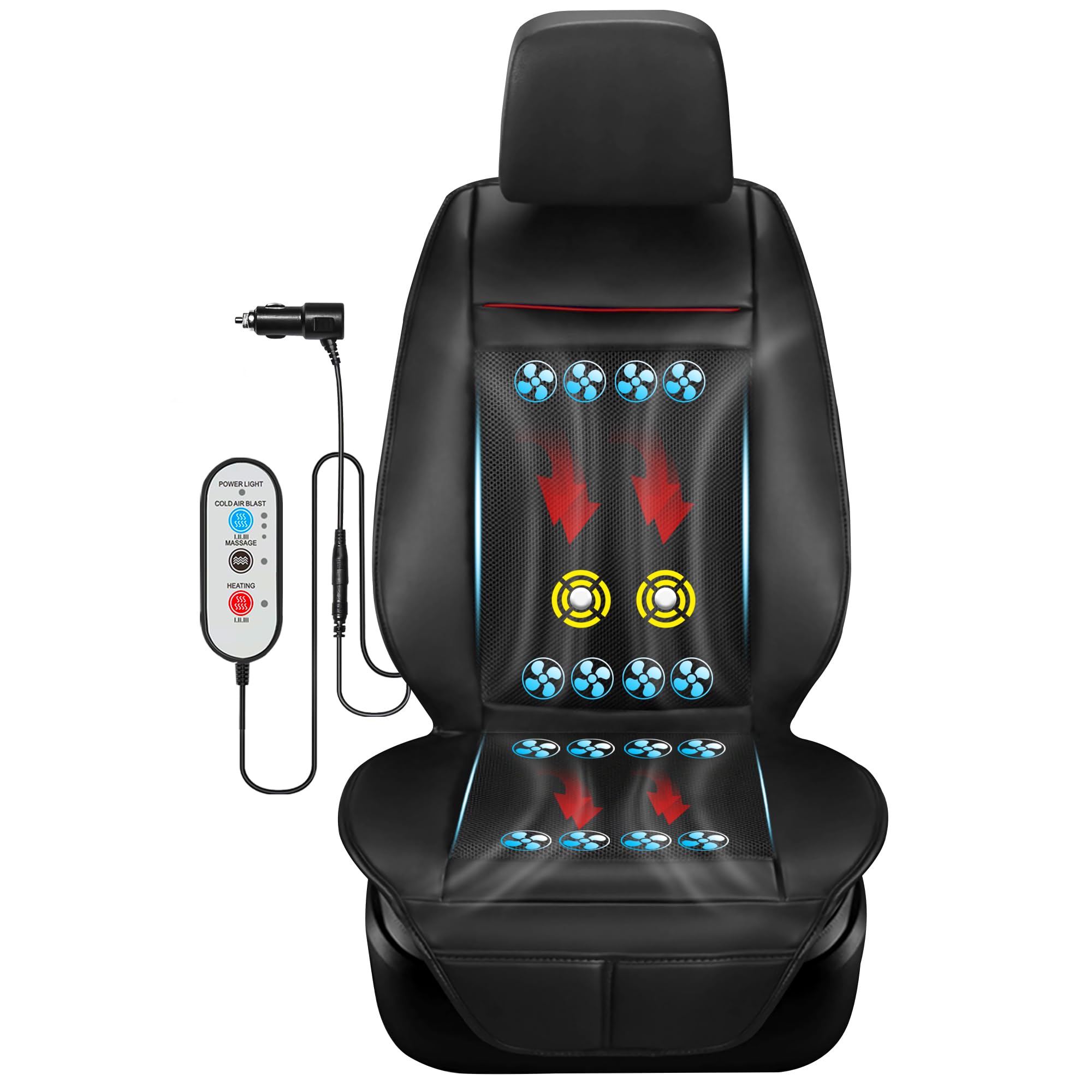 12V Adjustable Temperature Cooling Car Seat Cover with Massage & 16 Ventilation Fans - Summer Car Seat Cooler Cushion for Vehicle, SUV, Truck Front Seats - Stay Cool While Driving in Hot Weather (Black)