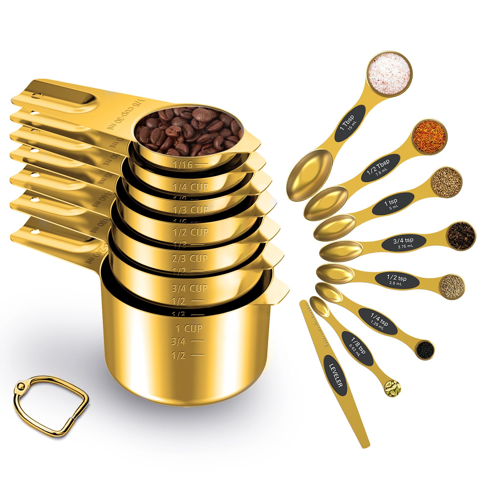 Premium 15-Piece Gold Measuring Cups and Spoons Set - 18/8 Stainless Steel Kitchen Tools with 7 Nesting Cups & 8 Magnetic Spoons - Perfect for Baking, Cooking, Meal Prep and Gift Giving
