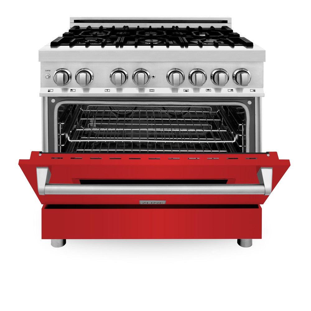 ZLINE 36 Inch 4.6 Cu. Ft. Dual Fuel Range with 6 Burner Gas Cooktop & Electric Convection Oven - Stainless Steel with Red Matte Door (RA RM 36) | Professional Kitchen Appliance for Home Chefs & Cooking Enthusiasts