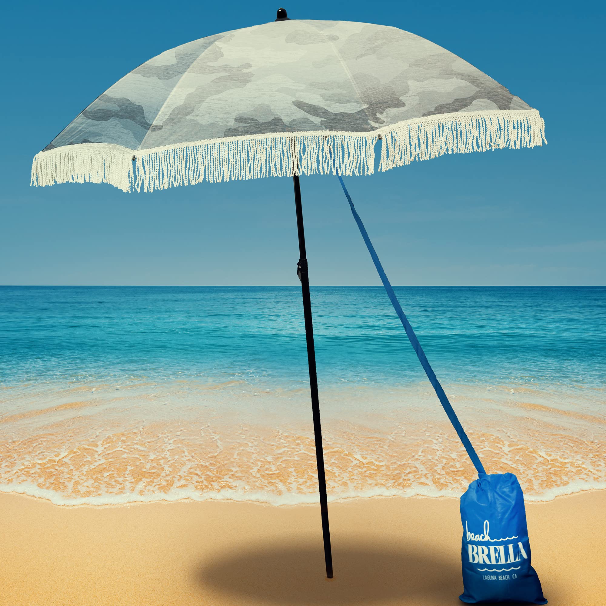 Best Windproof Beach Umbrella with Sand Anchor - Portable UV Protection Sun Umbrella for Sand, Sport & Outdoor Activities | Includes Denim Carry Bag & Fringe Design - Perfect for Beach Vacations, Poolside Relaxation & Summer Outdoor Adventures (Bahama Calliope Style)