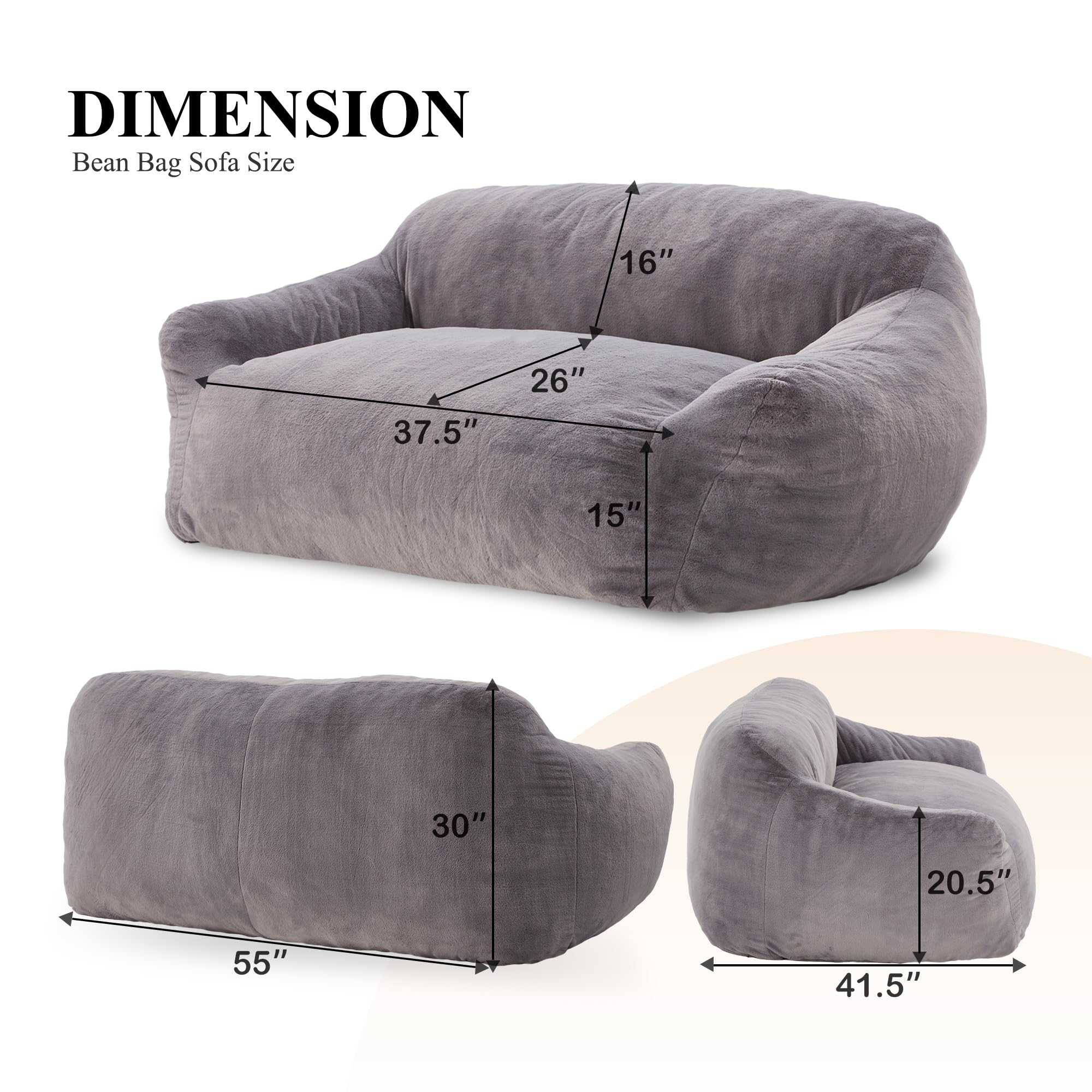 Homguava Oversized Bean Bag Chair for Adults - Giant Fluffy Faux Fur Bean Bag Sofa with Wide Armrests, Extra Large Floor Couch for Living Room, Bedroom & Apartment - Perfect for Lounging, Gaming & Relaxation (Grey)