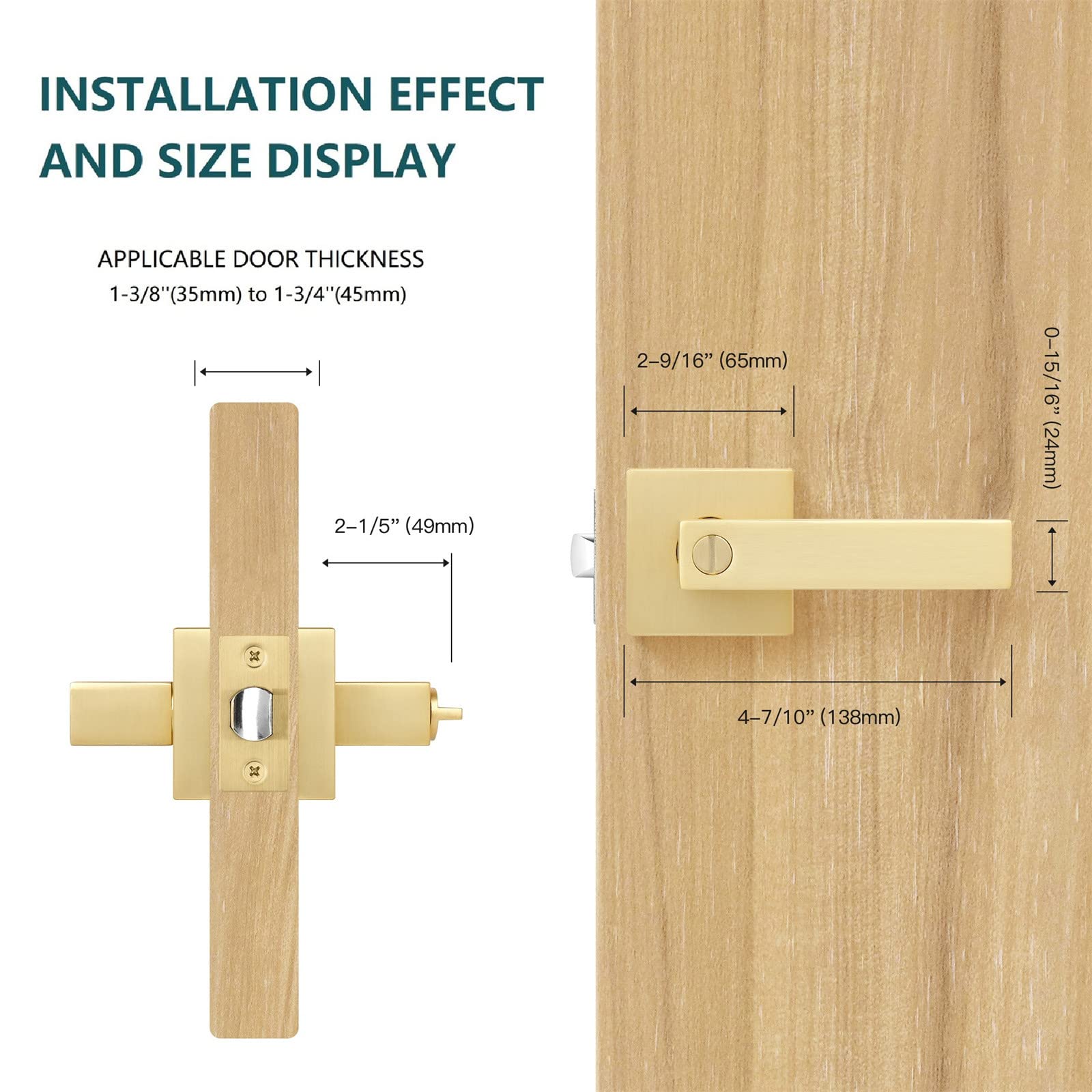 4 Pack Heavy Duty Square Privacy Door Locks - Gold Bathroom/Bedroom Keyless Entry Lever Handle (Left/Right Reversible) - Perfect for Home, Office, Hotel & Commercial Spaces