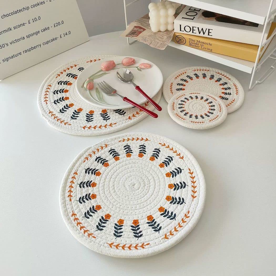 Boho Round Placemats Set of 4 - Handwoven Cotton Woven Coasters & Table Mats for Dining, Kitchen, Coffee Table - Natural Braided Home Decor for Boho Chic & Farmhouse Style