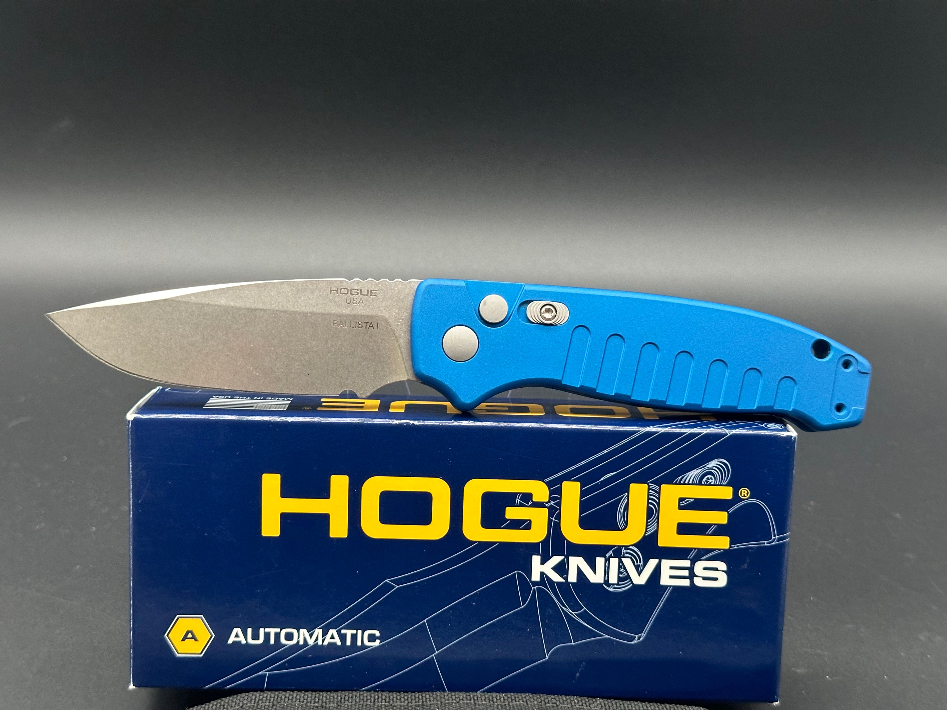 Hogue Ballista Drop Point Automatic Knife - Matte Blue Finish - Tactical EDC Knife for Outdoor, Camping & Survival Use