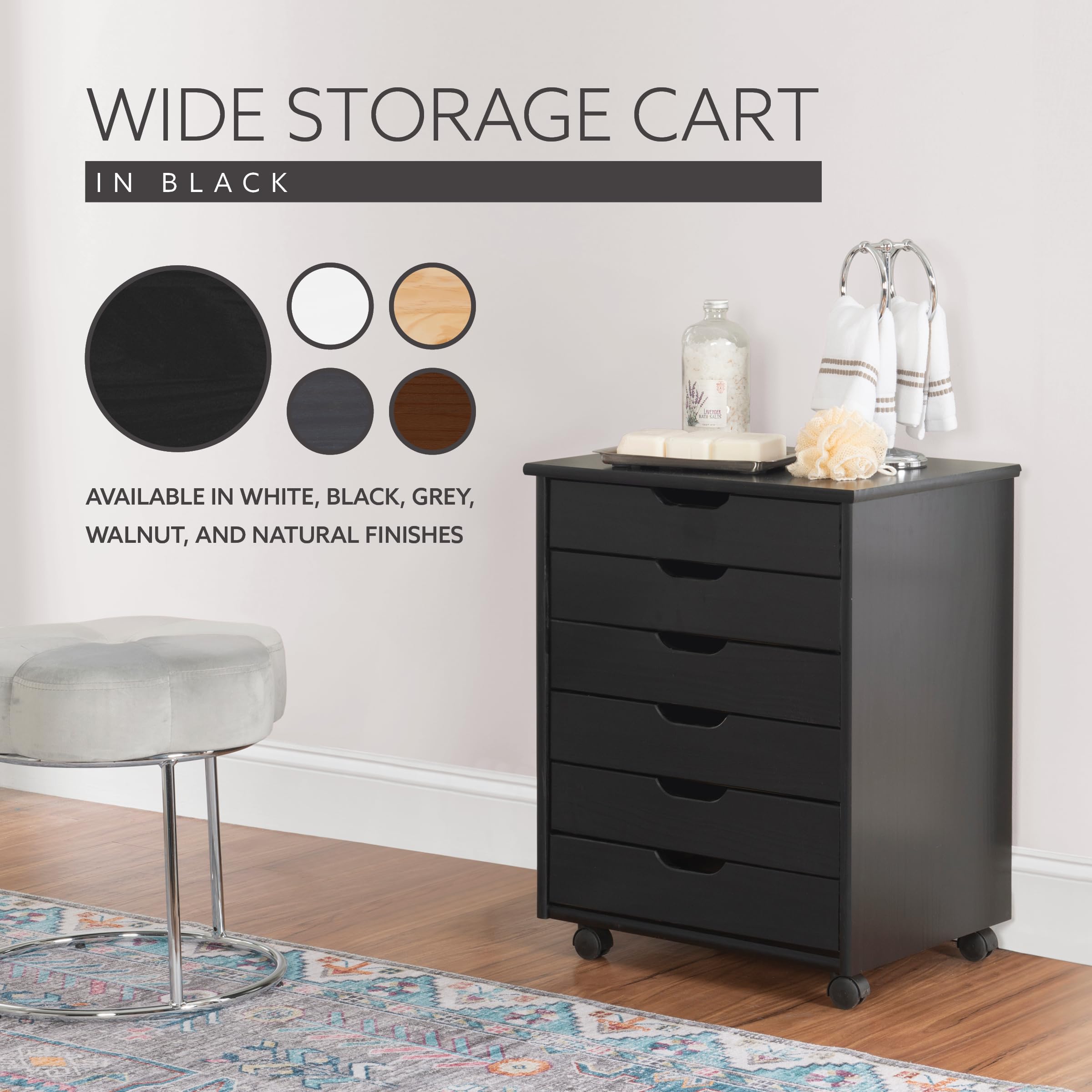 Linon Corinne Black 6-Drawer Wide Rolling Storage Cart - Perfect for Home, Office, and Craft Room Organization