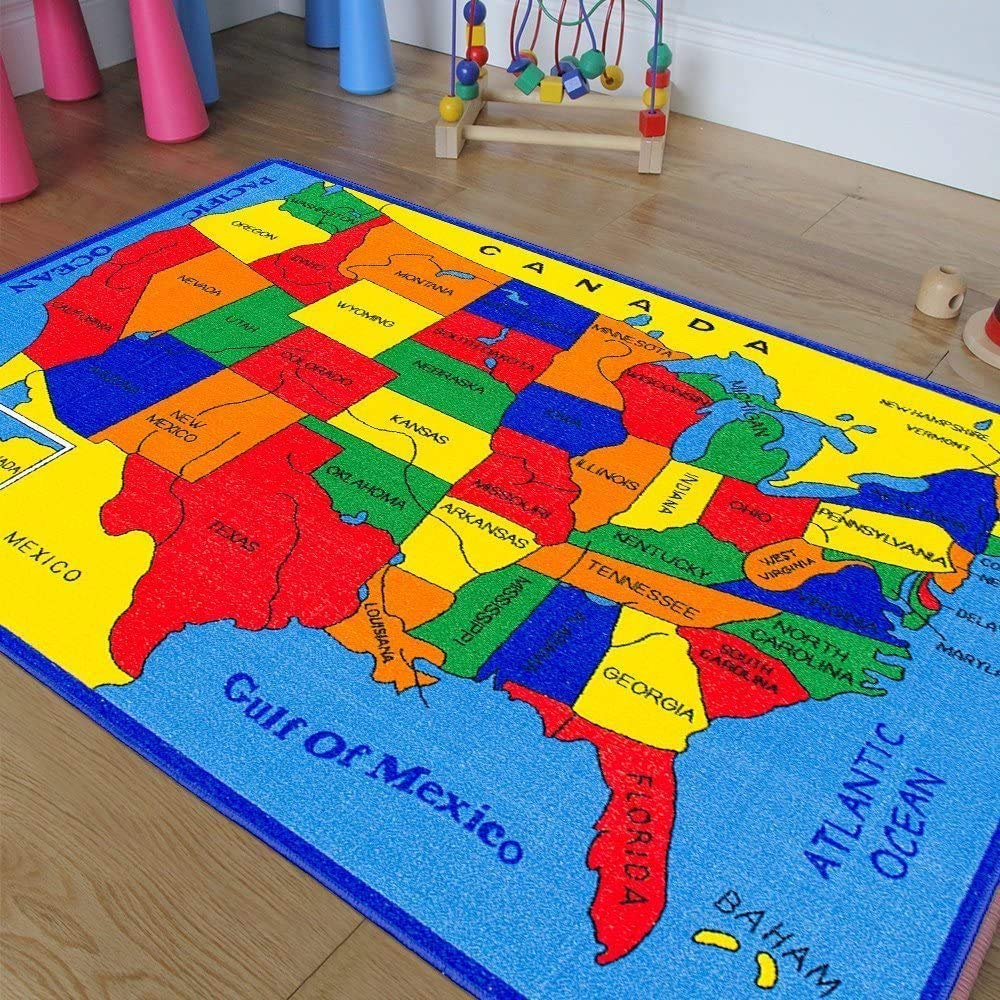 CR USA Map Educational Area Rug for Kids - 8x10 Feet Non-Slip Classroom Carpet | Perfect for Daycare, Playroom & Children's Bedroom | Learning Geography & Safe Play Surface