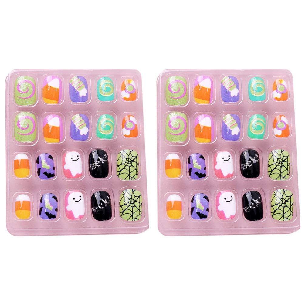 Lurrose Halloween Fake Nails for Kids - 40pcs Short Artificial Nail Tips with Gothic Design, DIY Salon Nail Art Decorations for Children | Perfect for Halloween Costumes, Parties & Dress-Up Play