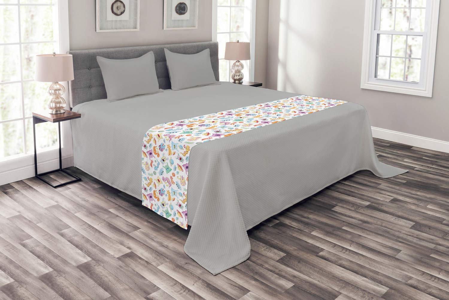 Ambesonne Alien Bed Runner - Monsters, Aliens, Planets, UFOs & Shooting Stars Astronomy Themed Decorative Bed Scarf | Perfect for Home Decor, Hotels & Guest Rooms | Multi-Color Space Theme Bedding Accessory for Sci-Fi Lovers & Kids' Rooms