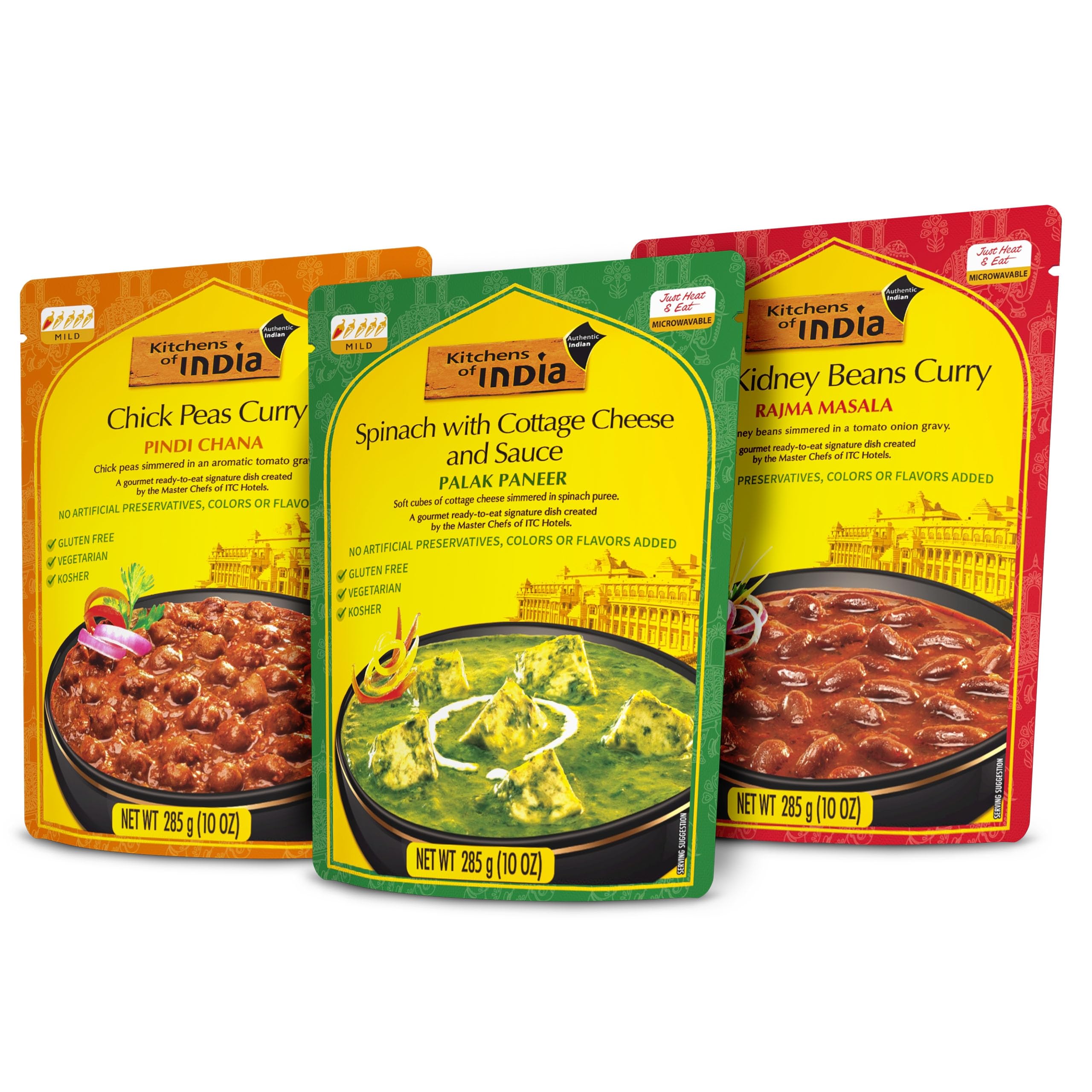 Kitchens of India Ready To Eat Combo Pack - Rajma Masala, Pindi Chana & Palak Paneer (10oz Each, Pack of 3) | Authentic Vegetarian Indian Cuisine | Gluten-Free | Perfect for Quick Meals, Office Lunches & Camping Trips