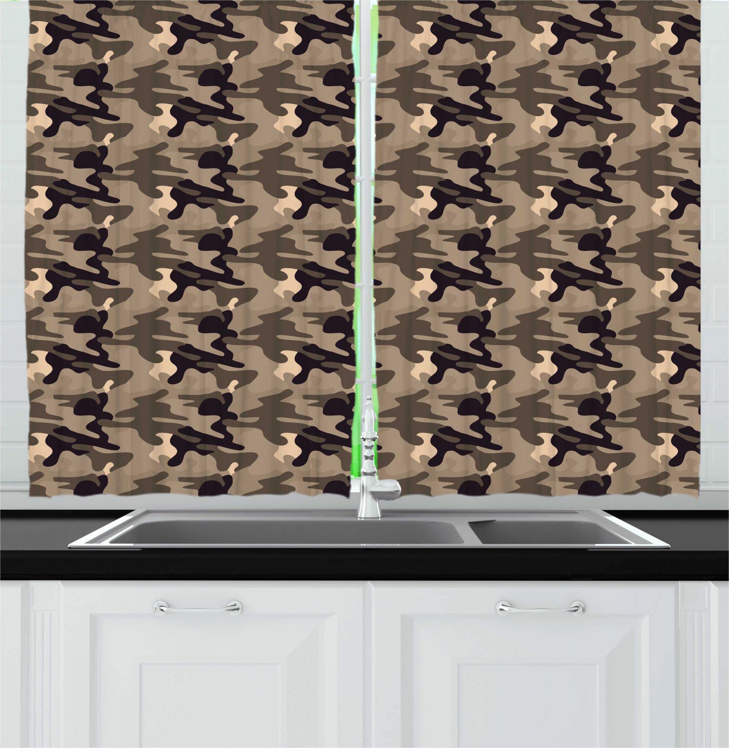 Ambesonne Camouflage Kitchen Curtains Set of 2 Panels - Earth Tone Camo Pattern Window Drapes for Kitchen & Cafe Decor, 55