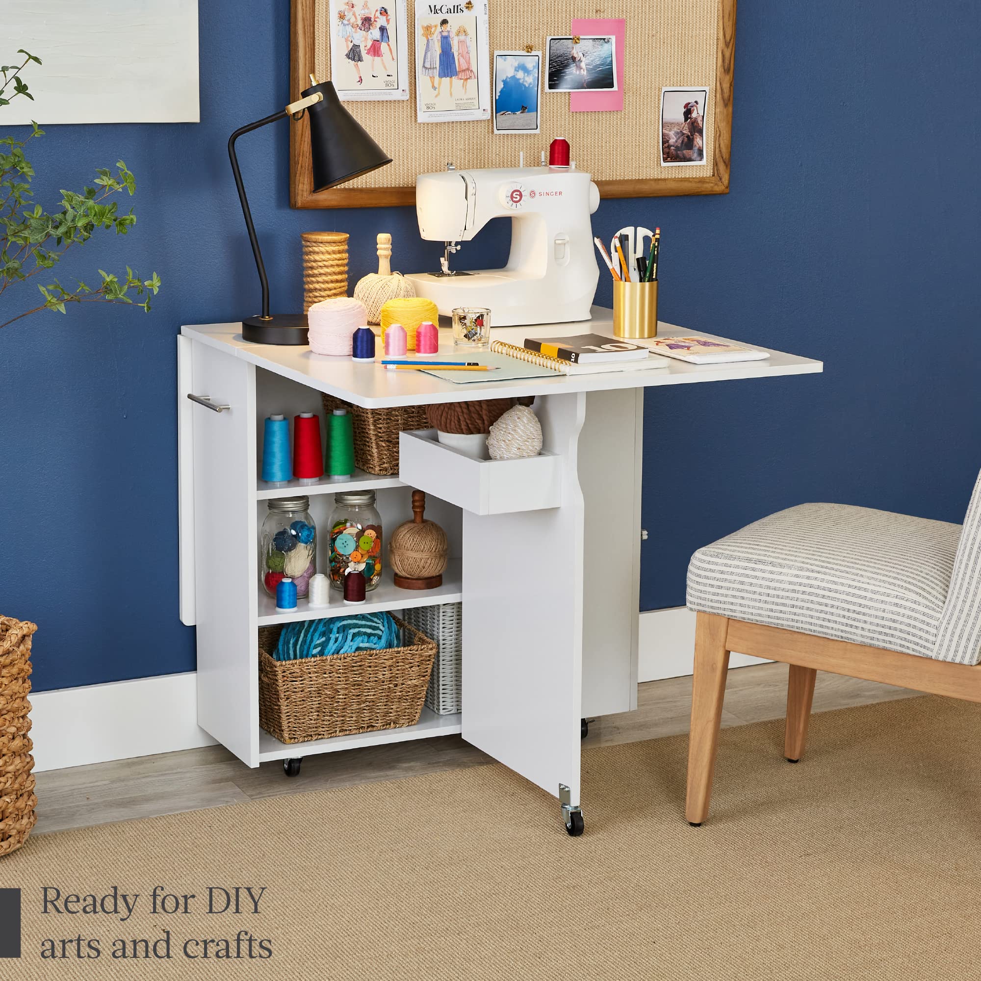 Best Choice Products Folding Dining Table with Wheels - White Space Saving Drop Leaf Extension Desk with 3 Storage Shelves, Perfect for Small Apartments, Kitchens, Dorm Rooms & Home Offices