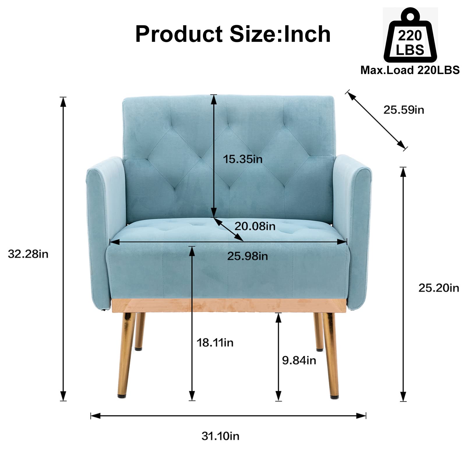 Modern Fabric Accent Chair with Rose Gold Iron Legs - Upholstered Armchair for Living Room, Bedroom, Office - Comfortable Single Sofa in Blue | Perfect for Reading Nook, Home Decor, Small Space Furniture