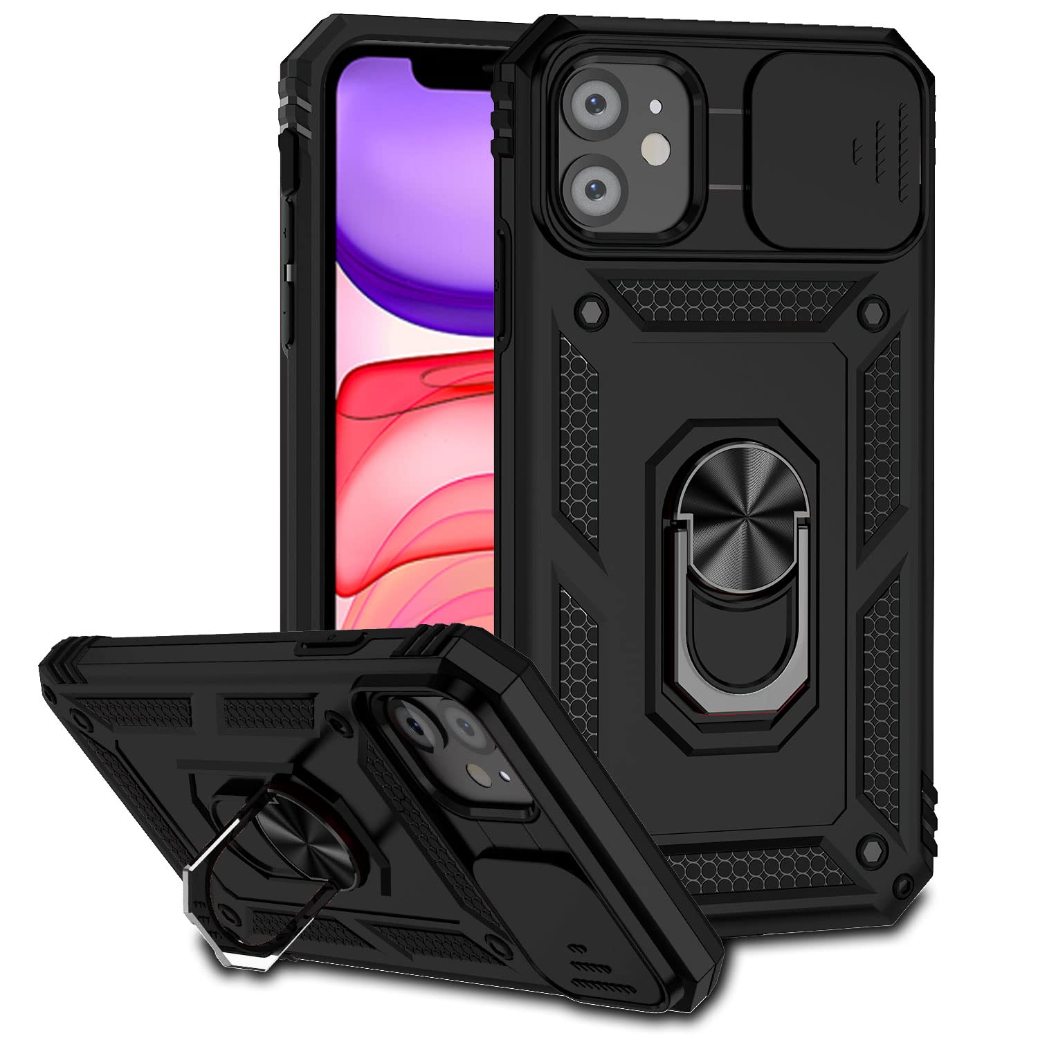 Hitaoyou iPhone 11 Case with Camera Cover & Kickstand - Military Grade Shockproof Heavy Duty Protective Magnetic Phone Cover for iPhone 11 (Black) - Perfect for Outdoor Activities, Travel and Daily Protection