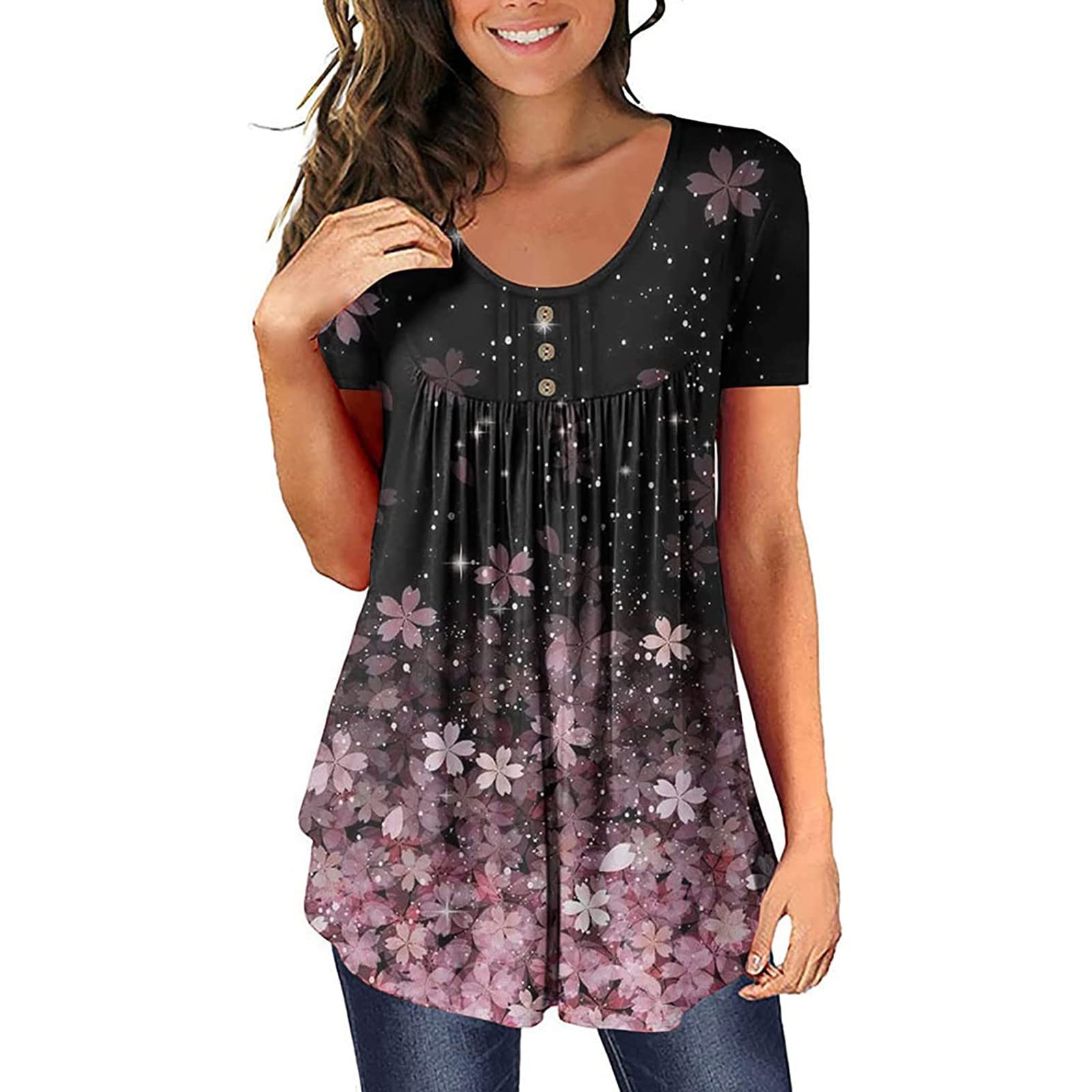 Women's Summer Casual V-Neck Petal Short Sleeve T-Shirt - Loose Fit Comfortable Blouse for Women - Lightweight Cute Top for Everyday Wear, Outing, and Vacation