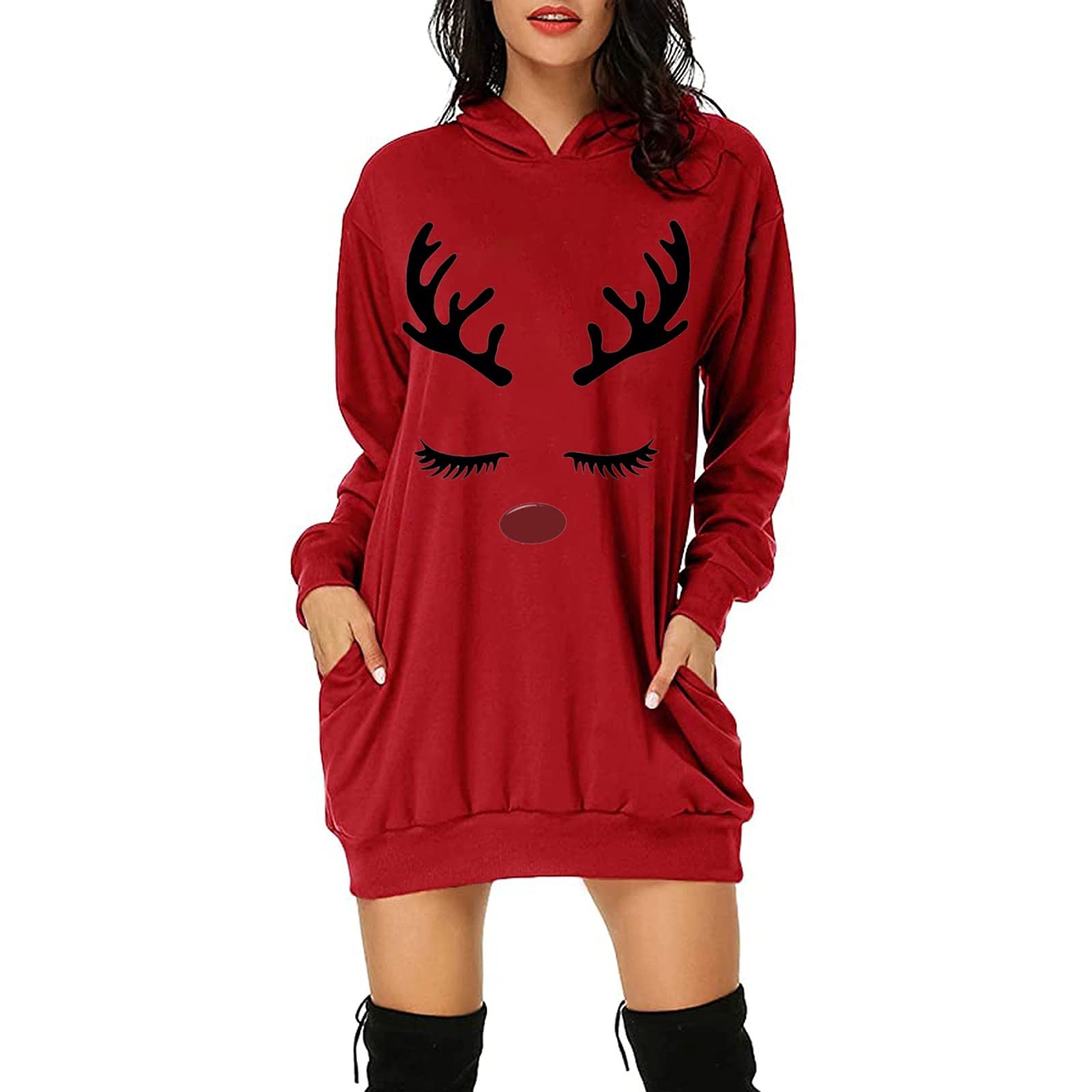 Women's Santa Claus Print Hoodie Dress - Long Sleeve Hooded Pocket Tunic Sweatshirt | Christmas Party Outfit & Casual Winter Wear