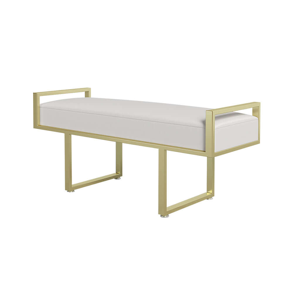 Modern Gray Linen Upholstered Ottoman Bench with Gold Legs - Bedroom, Entryway & Living Room Seating Furniture for Home Decor