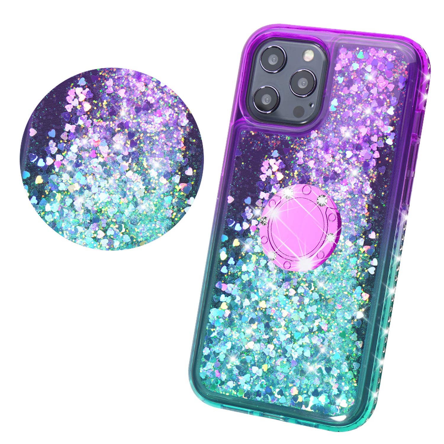 SOGA Rhinestone Liquid Quicksand Phone Case for iPhone 12 Pro Max - Sparkly Glitter Cover with Magnetic Ring Holder for Car Mount & Lanyard, Purple Teal Gradient - Perfect for Girls, Women, Fashion Accessories & Everyday Protection