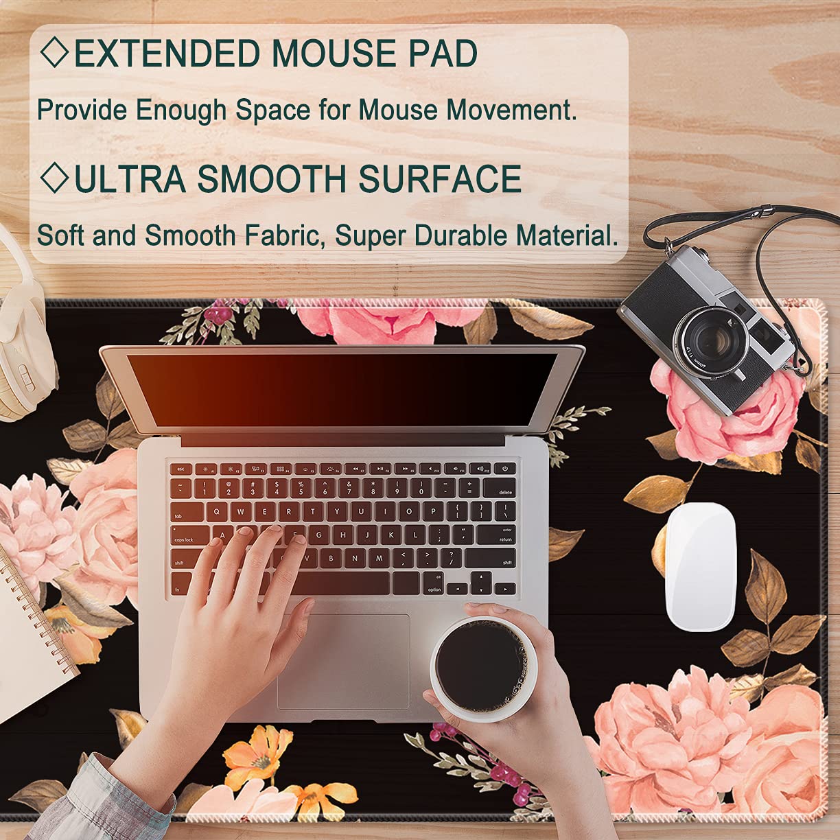 Pemlari XXL Gaming Mouse Pad - 35.4x15.7 Inch Large Extended Mouse Mat with Non-Slip Rubber Base, Water-Resistant Desk Mat for Keyboard & Mouse - Perfect for Gaming Setup, Office Work & Home Computer Use - Peony Design