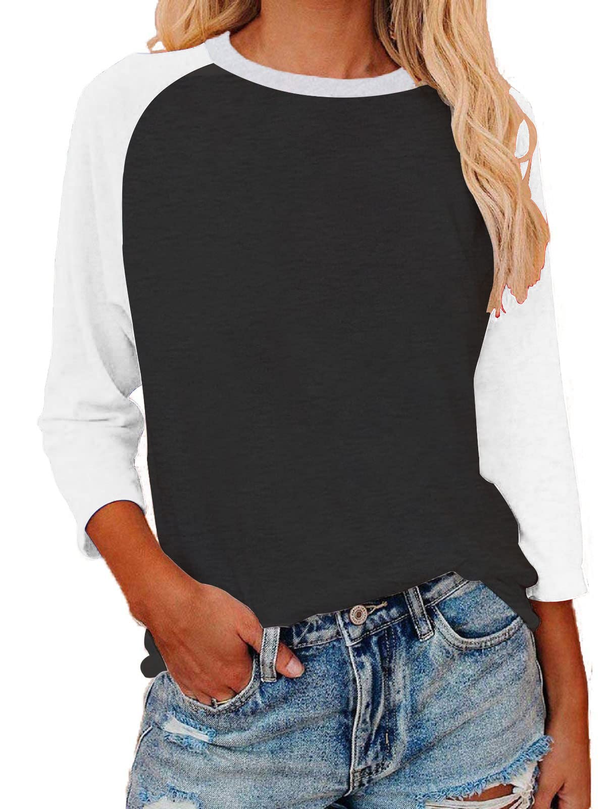 Women's White Baseball Tee Raglan 3/4 Sleeve T-Shirt with Red & Black Sleeve Patches - X-Large Size | Casual Streetwear & Retro Sporty Style for Everyday Wear