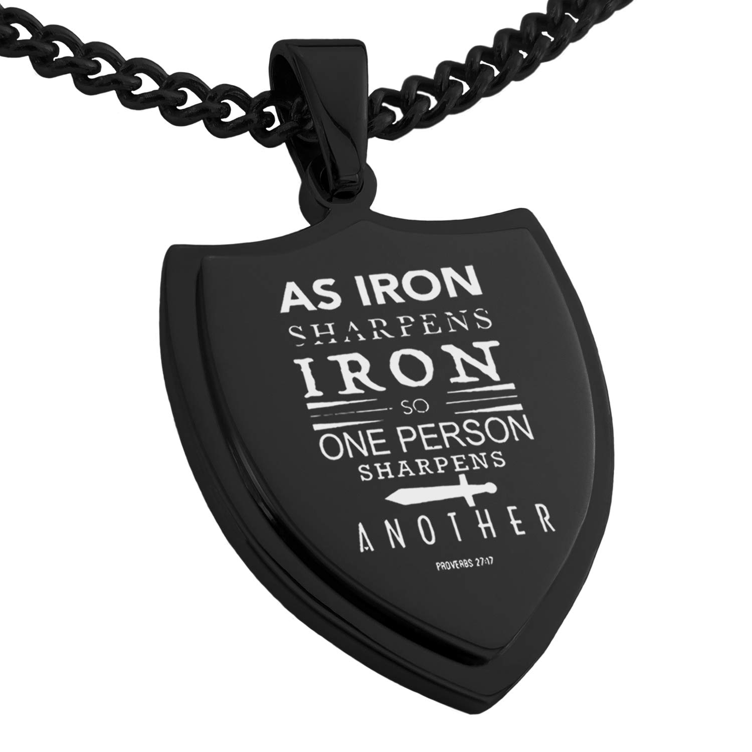 Stainless Steel Proverbs 27:17 'As Iron Sharpens Iron' Christian Shield Pendant Necklace - Perfect for Bible Study, Church Wear & Faith-Based Gifts