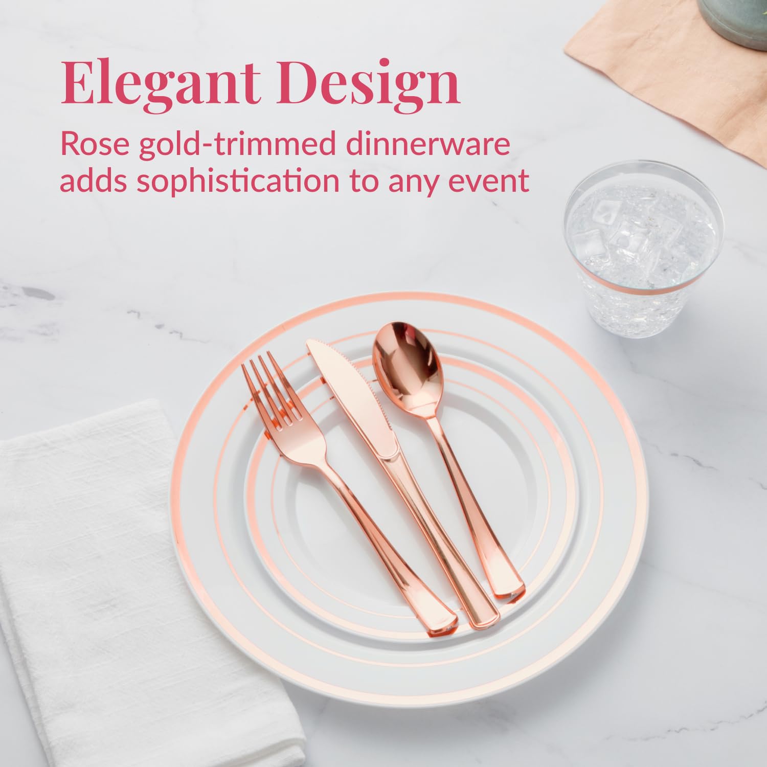 Prestee Rose Gold Disposable Dinnerware Set - 350-Piece Plastic Party Tableware for 50 Guests, Includes Plates, Cups, Forks, Knives & Spoons - Perfect for Weddings, Baby Showers, Birthday Parties & Outdoor Dining Events