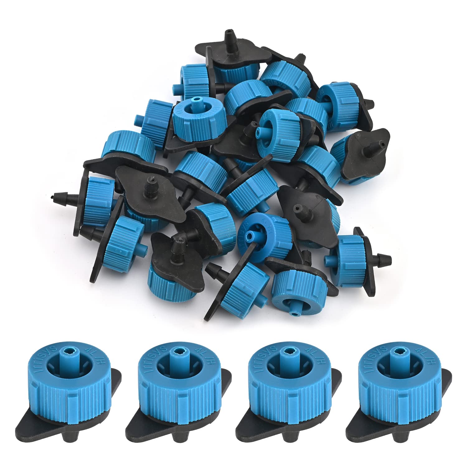 MroMax 4L/H Pressure Compensating Drip Emitters - 25 Pack Black & Blue Plastic Barbed Hose Connectors for Garden Lawn Drip Irrigation System | Perfect for Vegetable Gardens, Flower Beds & Water Conservation