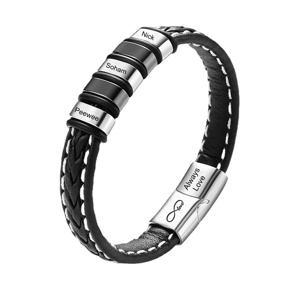Custom Men's Name Bracelet - Black Leather Wide Wristband with Engraved Symbols & Stainless Steel Beads | Magnetic Safety Clasp | Personalized Gift for Him | Perfect for Anniversaries, Birthdays & Everyday Wear