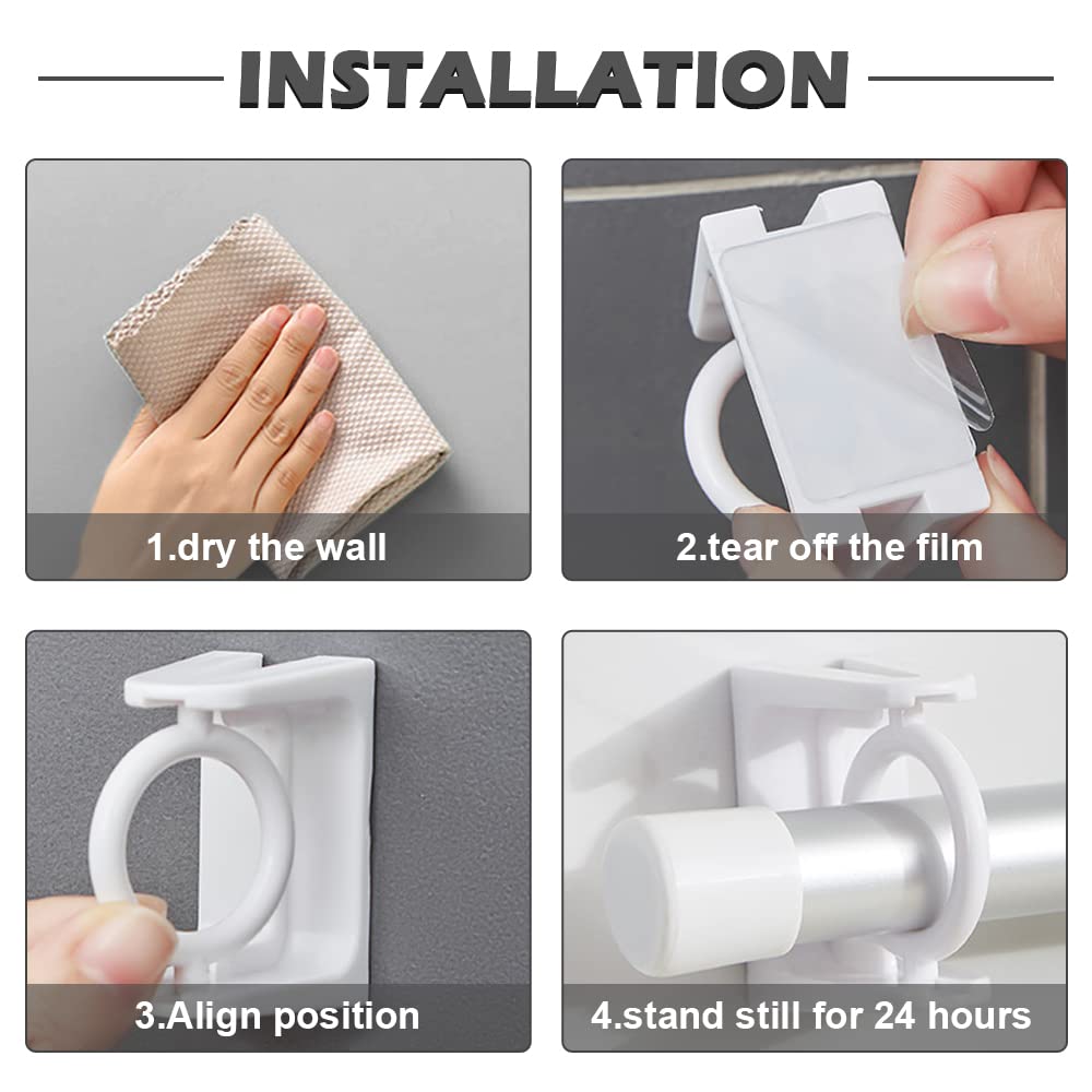 8pcs 360° Rotating No Drill Curtain Rod Brackets - Self Adhesive Tension Rod Holders with Adjustable Angle - White - Perfect for Renters, Dorm Rooms & Temporary Window Treatments