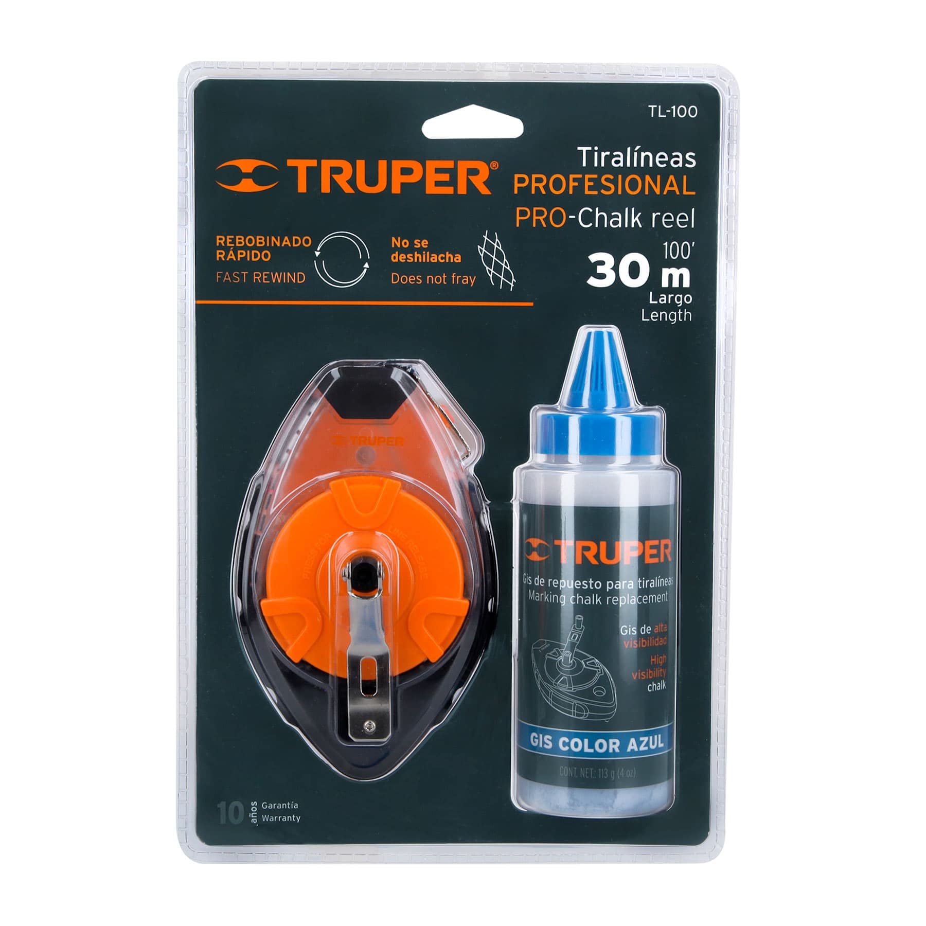 TRUPER TL-100 100 ft (30 m) Professional Chalk Line Reel Kit with Durable Plastic Case & Bright Chalk - Perfect for Construction, Carpentry, and DIY Home Projects