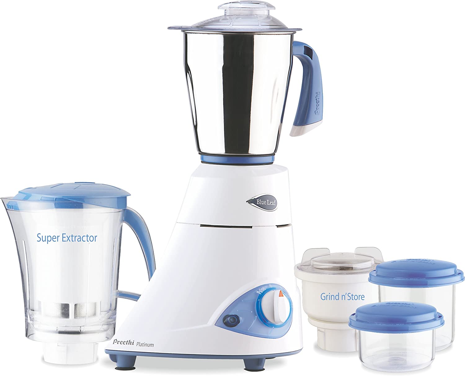 Preethi Blue Leaf Platinum Mixer Grinder 110V - Powerful 750W Motor, 3 Stainless Steel Jars for USA & Canada - Perfect for Grinding Spices, Making Smoothies & Indian Cooking