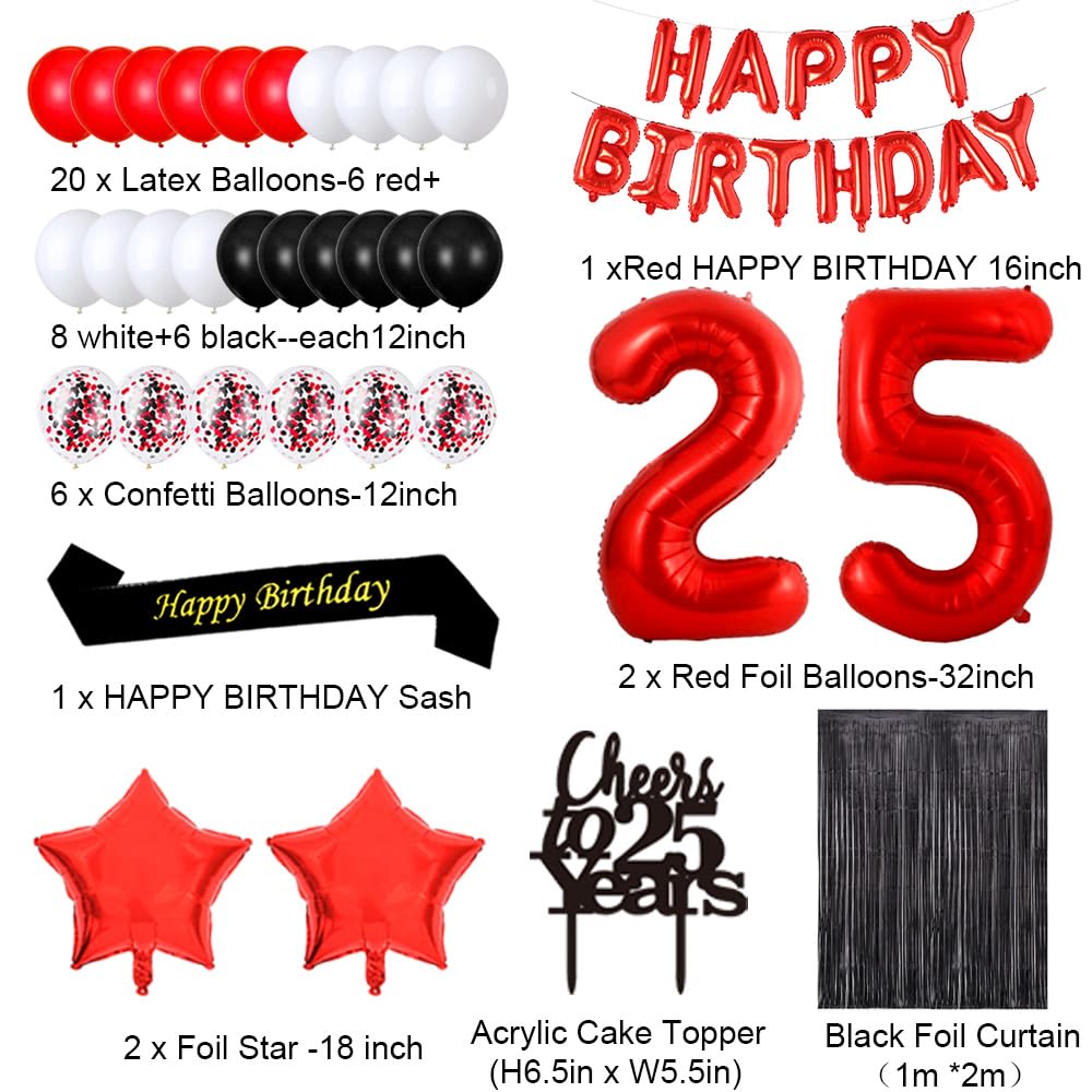 25th Birthday Party Decorations Set - Happy Birthday Banner, Sash, Cake Topper, Number 25, Confetti, Latex Balloons & Black Tinsel Fringe Curtains for Women's 25th Birthday Celebration | Perfect for Milestone Parties, Photo Backdrops & Festive Home Decor
