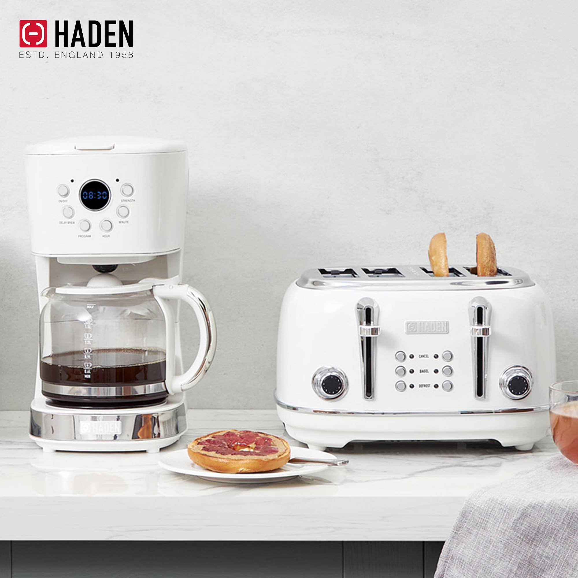 Haden Heritage 4 Slice Wide Slot Stainless Steel Toaster with 12 Cup Programmable Drip Coffee Maker Set - Ivory & Chrome | Perfect for Breakfast & Kitchen Countertop