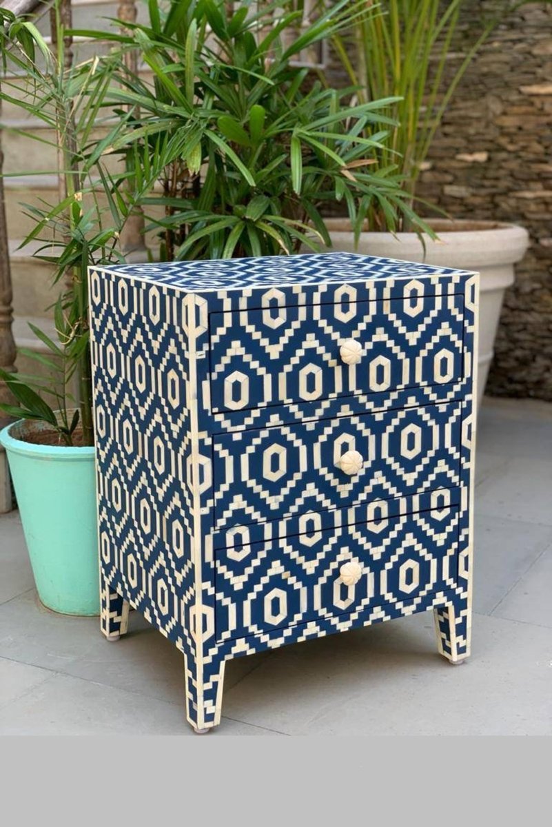 Handmade Blue Bone Inlay Ikkat Design Nightstand - Custom Made Lamp Stand for Bedroom, Living Room, or Office Decor