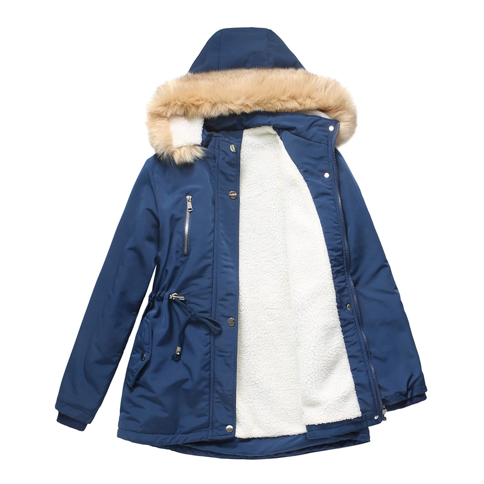 Women's Mid-Length Hooded Winter Coat - Solid Color Fleece-Lined Warm Padded Jacket with Fur Collar | Plus Size Outerwear for Cold Weather, Snow & Daily Winter Wear