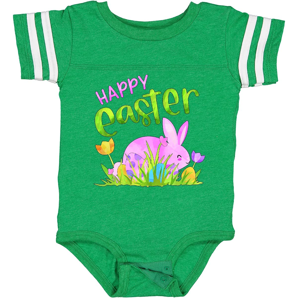 Inktastic Happy Easter Pink Bunny and Eggs in Grass Baby Bodysuit - Cute Easter Outfit for Infants, Toddler Easter Party Wear, Spring Photoshoot Outfit, Baby Shower Gift