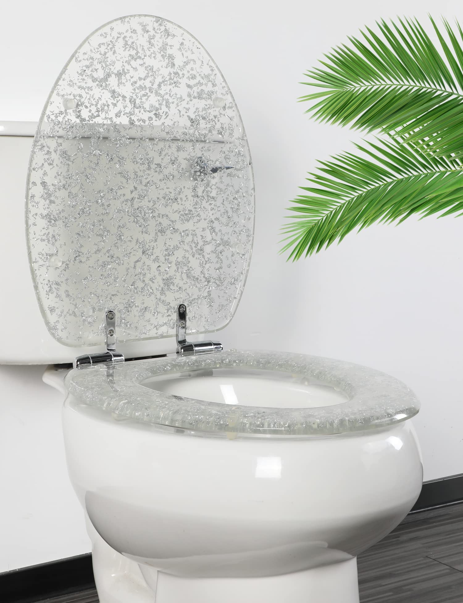 Glitter Silver Resin Elongated Toilet Seat with Slow Quiet-Close Lid - Heavy Duty Standard Size Toilet Seat (19 Inch, Silver Foil, Upgraded Hinge) - Easy Installation & Cleaning for Bathroom, Home & Commercial Use