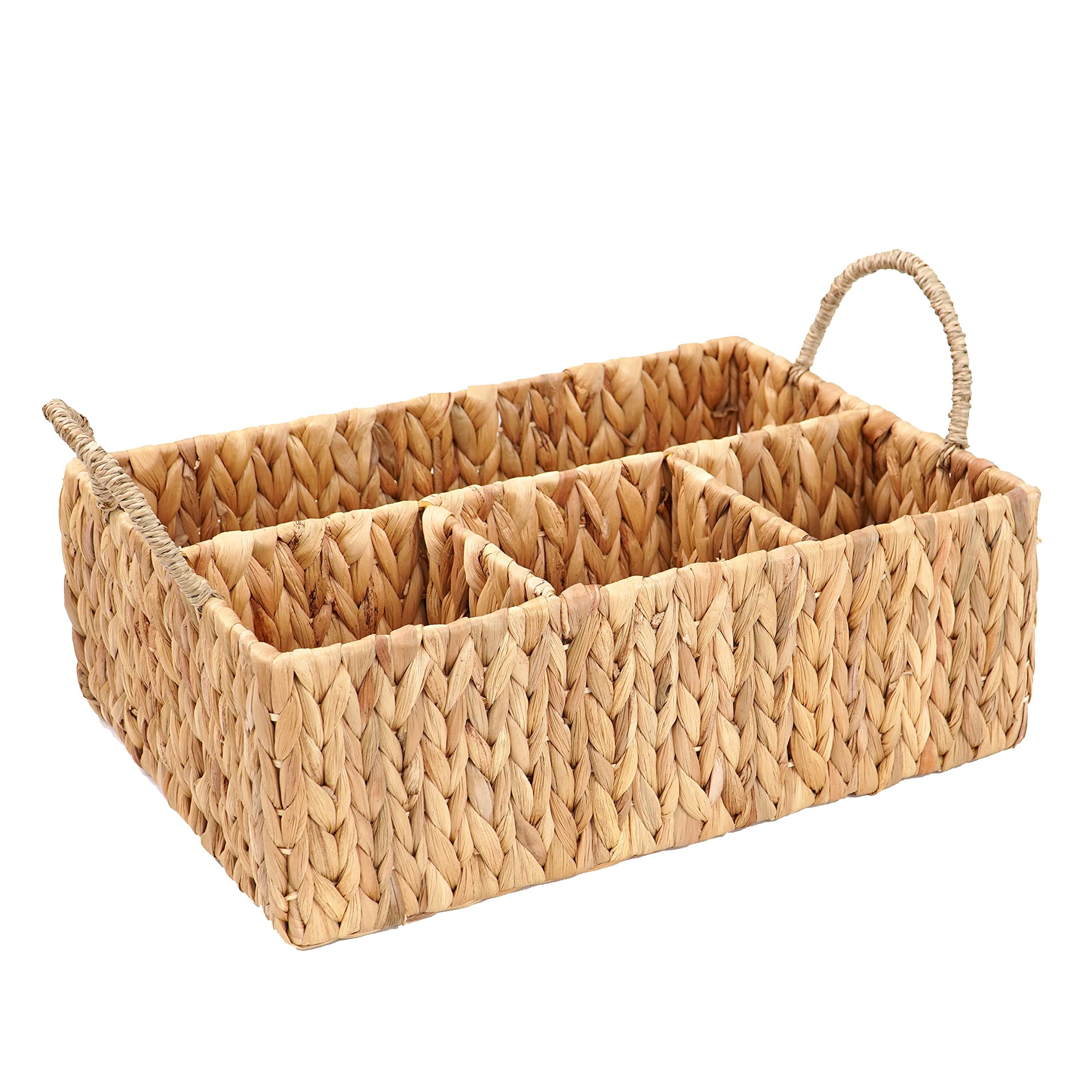 Natural Woven Hyacinth Wicker Storage Basket - 4-Section Rectangular Tray for Bathroom, Kitchen, Office & Home Organization | Perfect for Shelves, Drawers & Closet Storage
