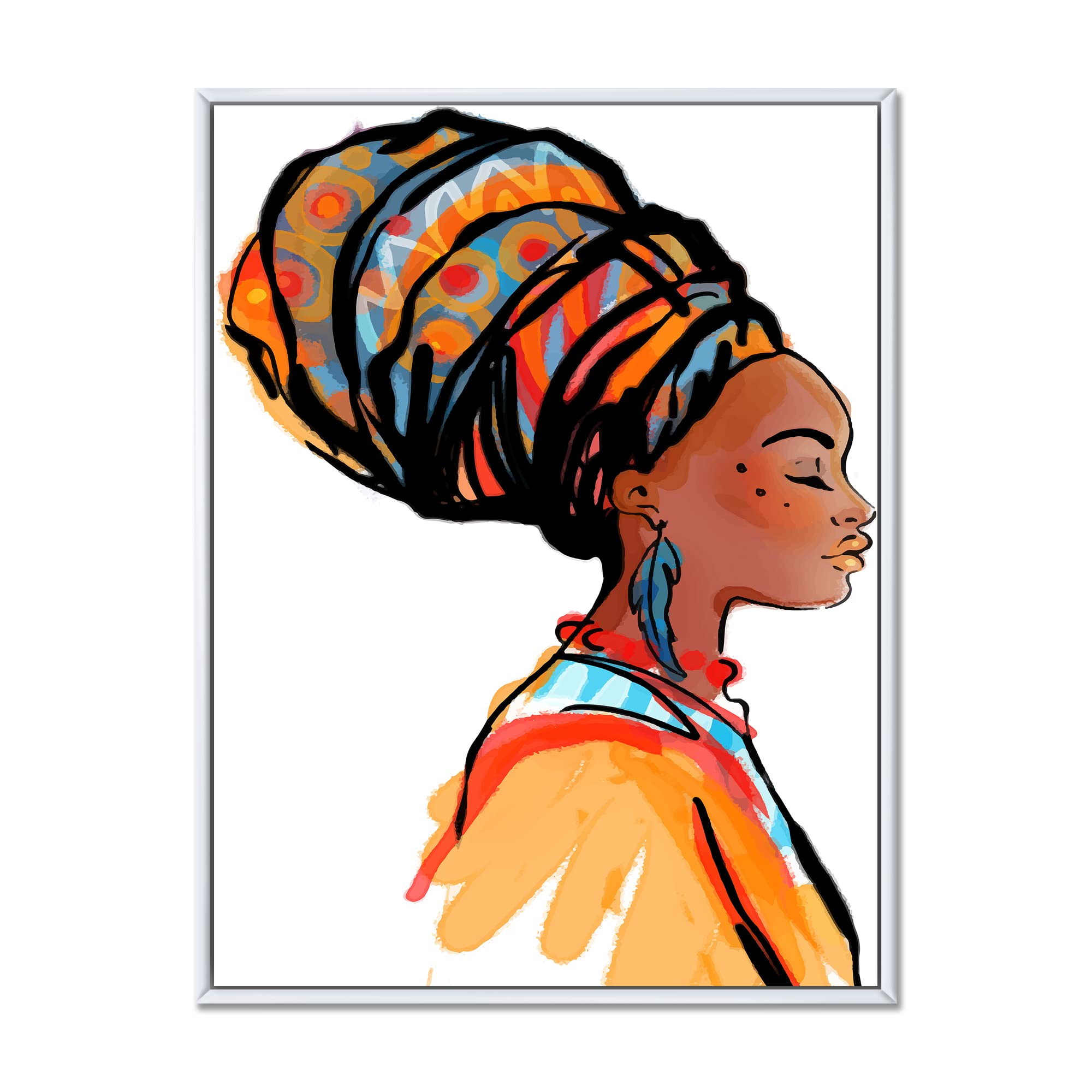DesignQ African American Woman with Turban - Modern Framed Canvas Wall Art Print for Living Room, Bedroom & Office Decor