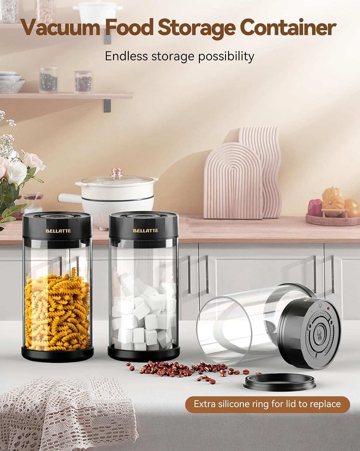 Vacuum Coffee Storage Container 1.2L - Airtight Glass Coffee Canister with Auto Seal Lid & Date Tracker - Holds 16oz Coffee Beans - Dishwasher Safe - Perfect for Kitchen Countertop, Pantry Organization & Fresh Coffee Preservation