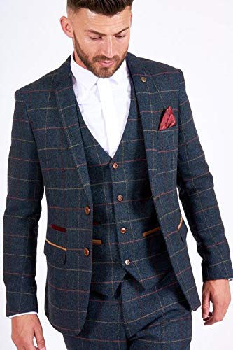 Vintage Navy Blue Slim Fit Tweed Herringbone Wool 3-Piece Men's Suit Set - Formal Business Attire, Wedding & Special Occasions