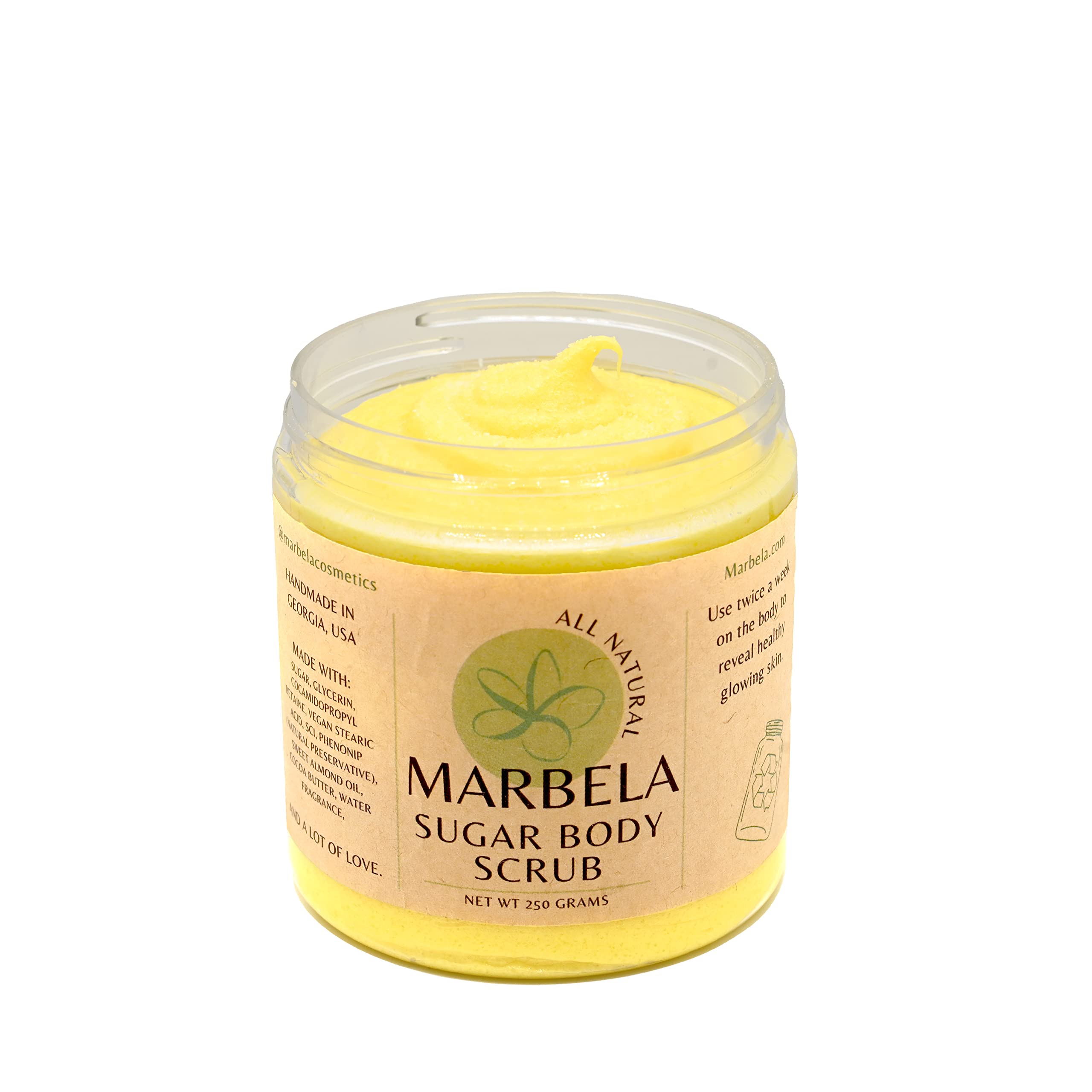Marbela Cosmetics Sugar Body Scrub - Lemon Scented Exfoliator for Smooth Skin, 250g | Natural Skincare for Dry & Rough Skin | Perfect for Shower & Spa Days