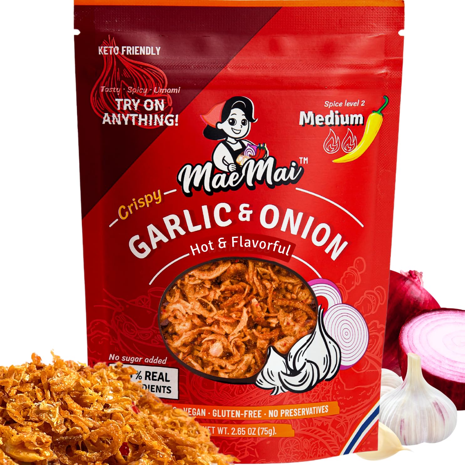 MaeMai Medium Spicy Crispy Onions & Garlic Flakes - Crunchy All-Purpose Seasoning for Keto, Salads, Ramen, Rice | Vegan, Gluten-Free, Low Carb Topping | Perfect for Stir-Fry, Pasta & Snacks | 2.65oz (75g)